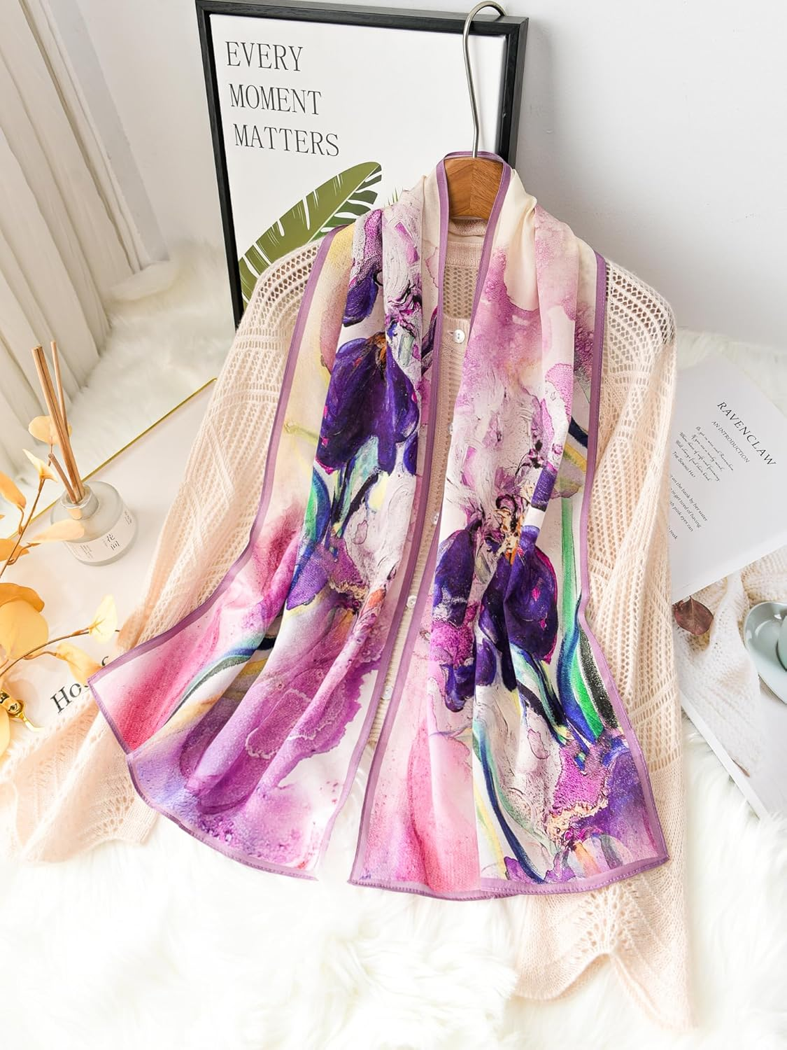 SHIROUYU 100% Mulberry Silk Women'S 55&rdquo;*14&rdquo; Long Scarf Headscarf and Neck Scarf - Rectangular Hair Towel with Gift Packed, Pink-Flower