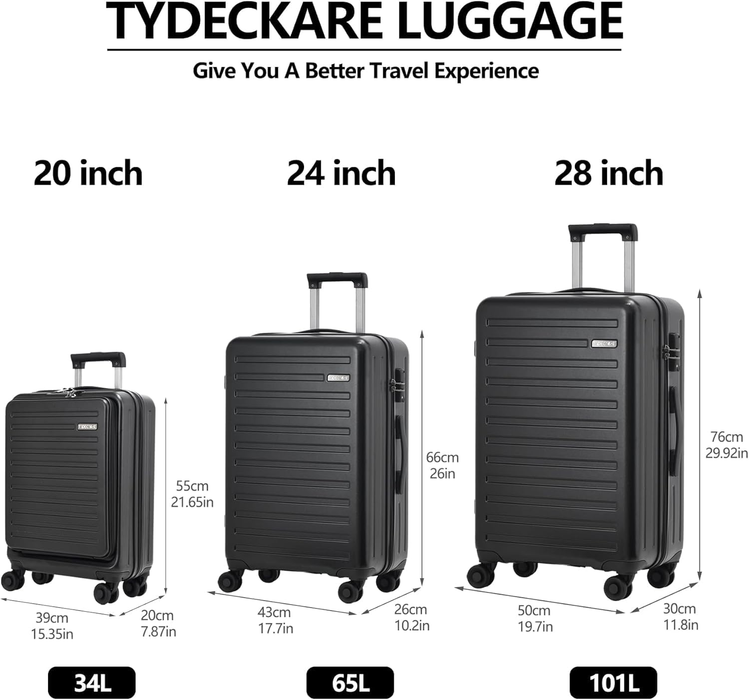 Tydeckare ABS+PC Luggage Set 2028 Inch Lightweight Spinner Wheels., Black, 3-Piece Set (20/24/28), Fashion image number 7