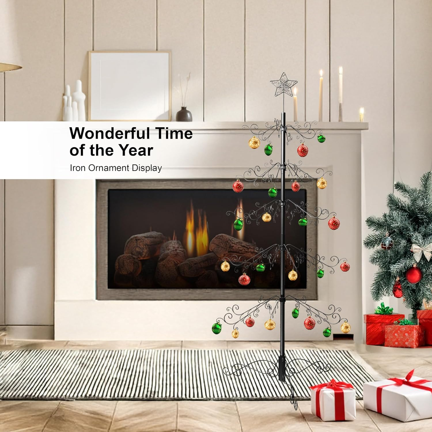 HOHIYA 84&Prime; Wrought Iron Ornament Display Stand Metal Christmas Tree Alternative with 174 Hooks for Baubles Crystal Decorations and Holiday Decor Indoor Hanging Stand for Xmas Halloween and Events Black