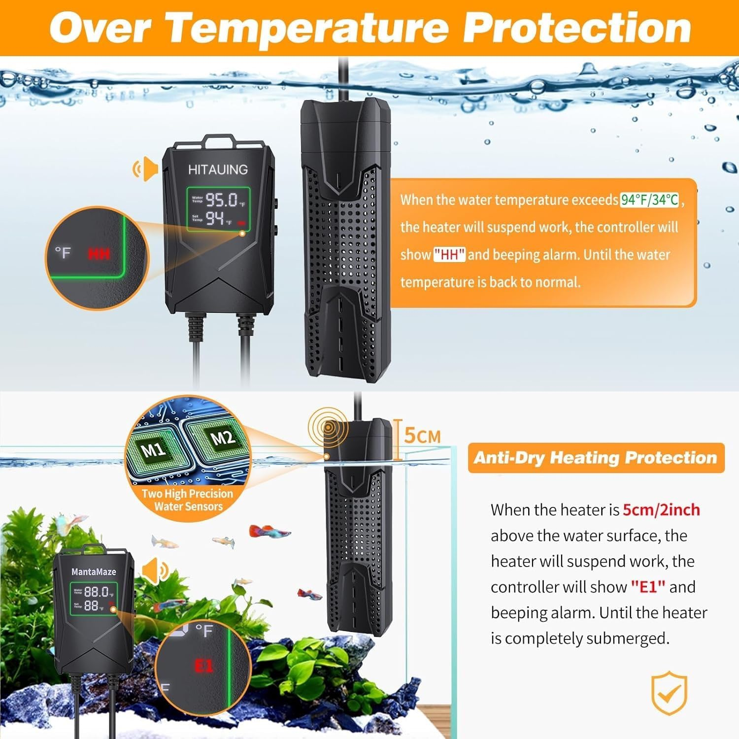 Aquarium Heater 800W for 80-175 Gal, Fish Tank Heater with Intelligent Leaving Water Automatica Stop Heating and Overheating Protection, for Freshwater & Saltwater (AU Plug)