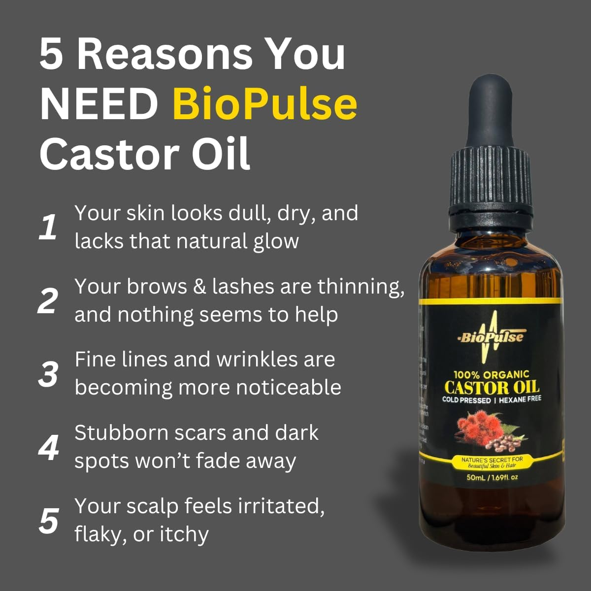 Biopulse Organic Castor Oil, 100% Pure Cold-Pressed, Hexane-Free - Stimulate Hair Growth & Hydrate Skin, Nourish Eyelashes, Brows & Nails with Natural Moisturising Oil (50Ml Glass Bottle)