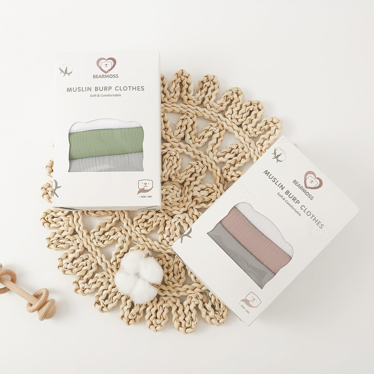 Bearmoss Molleton Cloths Baby 100% Cotton Soft Burp Cloths Baby, Breathable and Extremely Absorbent Muslin Cloth for Absorbent Muslin Cloths 60 X 60 Cm (White Apricot) image number 5