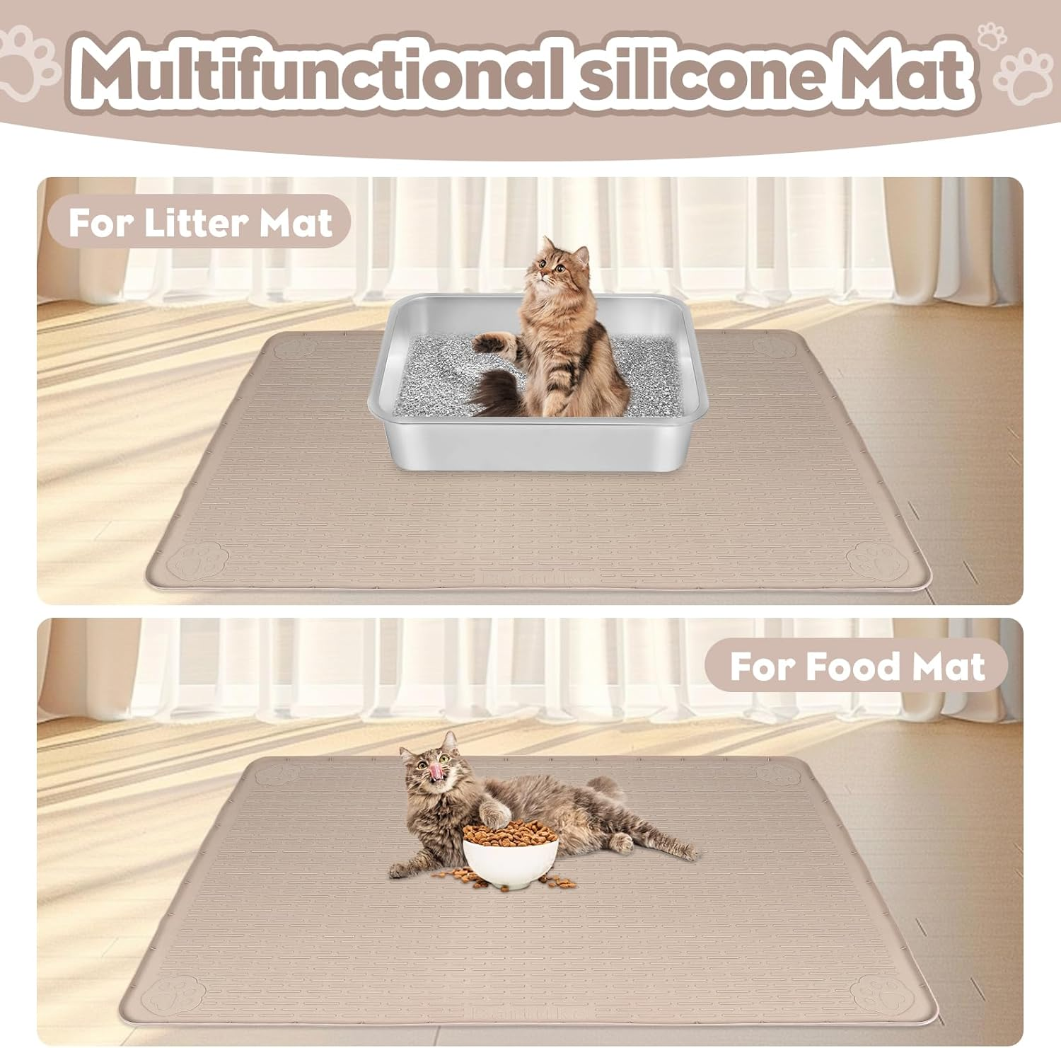 Bartuke Cat Litter Mat, Extra Large 40" X 28" Silicone Mat Litter Trapping Mat for Scatter Control, Soft on Kitty Paws, Easy to Clean (Khaki
