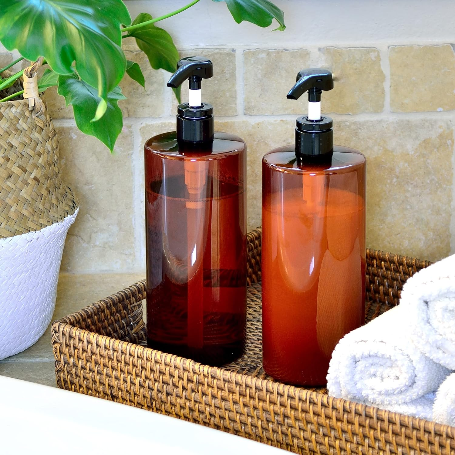 Youngever 4 Pack Pump Bottles for Shampoo 32 Ounce (1 Liter), Amber Shampoo Pump Bottles, Plastic Cylinder with Lockdown Leak Proof Pumps