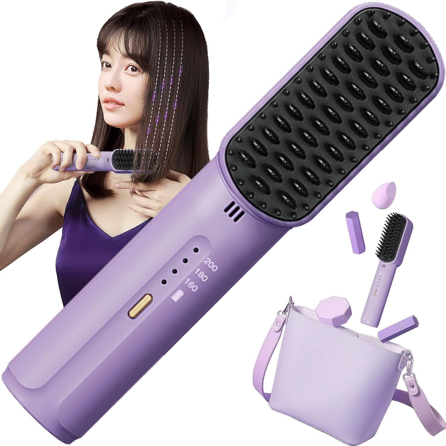Jarttarn Cordless Hair Straightener Brush, Portable Mini Ionic Hot Comb Straightener for Women, Lightweight for On-The-Go Travel, Type-C Charging, Anti-Scald, Girl (Black) - Purple image number 5