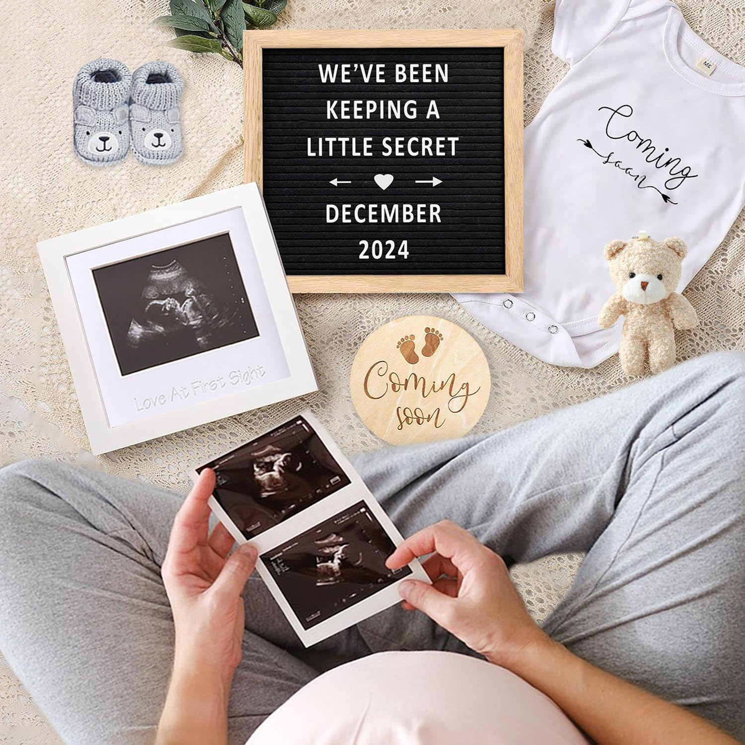 Pregnancy Announcement, Baby Announcement Ideas Set Include Felt Letter Board, Baby Onesie, Booties, Photo Frame, Wooden Sign and Bear Plush, Pregnancy Announcement Photo Props Coming Soon Baby