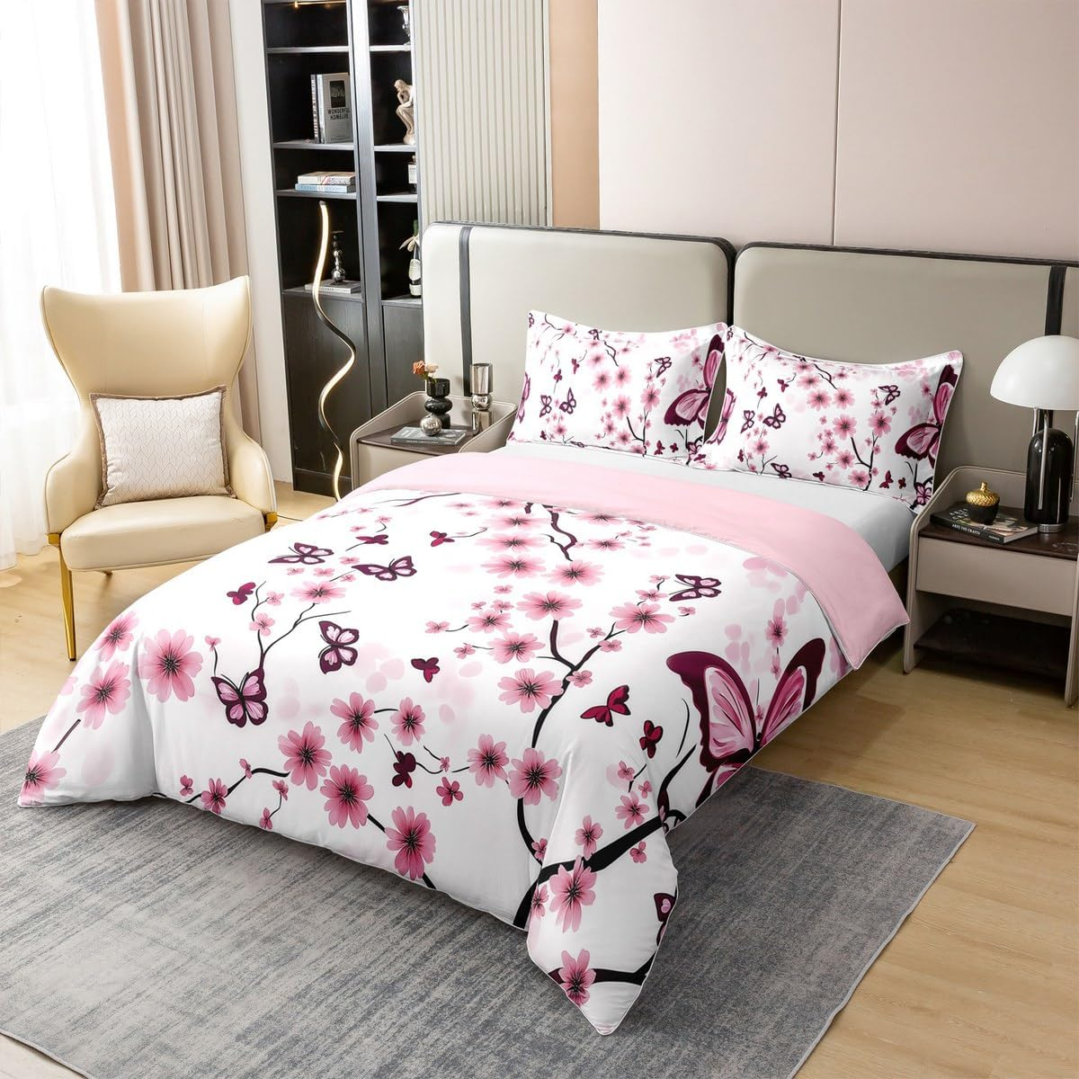 Homewish 100% Cotton Cherry Blossom Duvet Cover, Spring Elegant Flowers Butterfly Bed Linen Set 220 X 240 Cm for Girls Women Girls Japanese Style Bed Set, Botanical Flowers Duvet Cover, Pink Purple image number 3