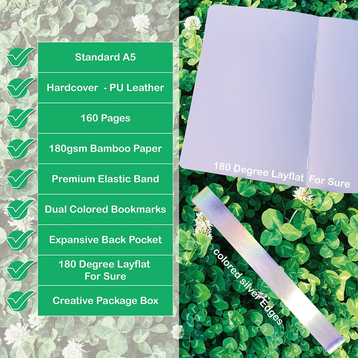 Dotted Notebook Journal 180GSM Bamboo Thick White Paper 160 Pages 5 * 5MM Dot Grid, Lay Flat Binding,Colored Silver Edges, Bookmarks and Expandable Back Pocket (BKP-5) image number 4