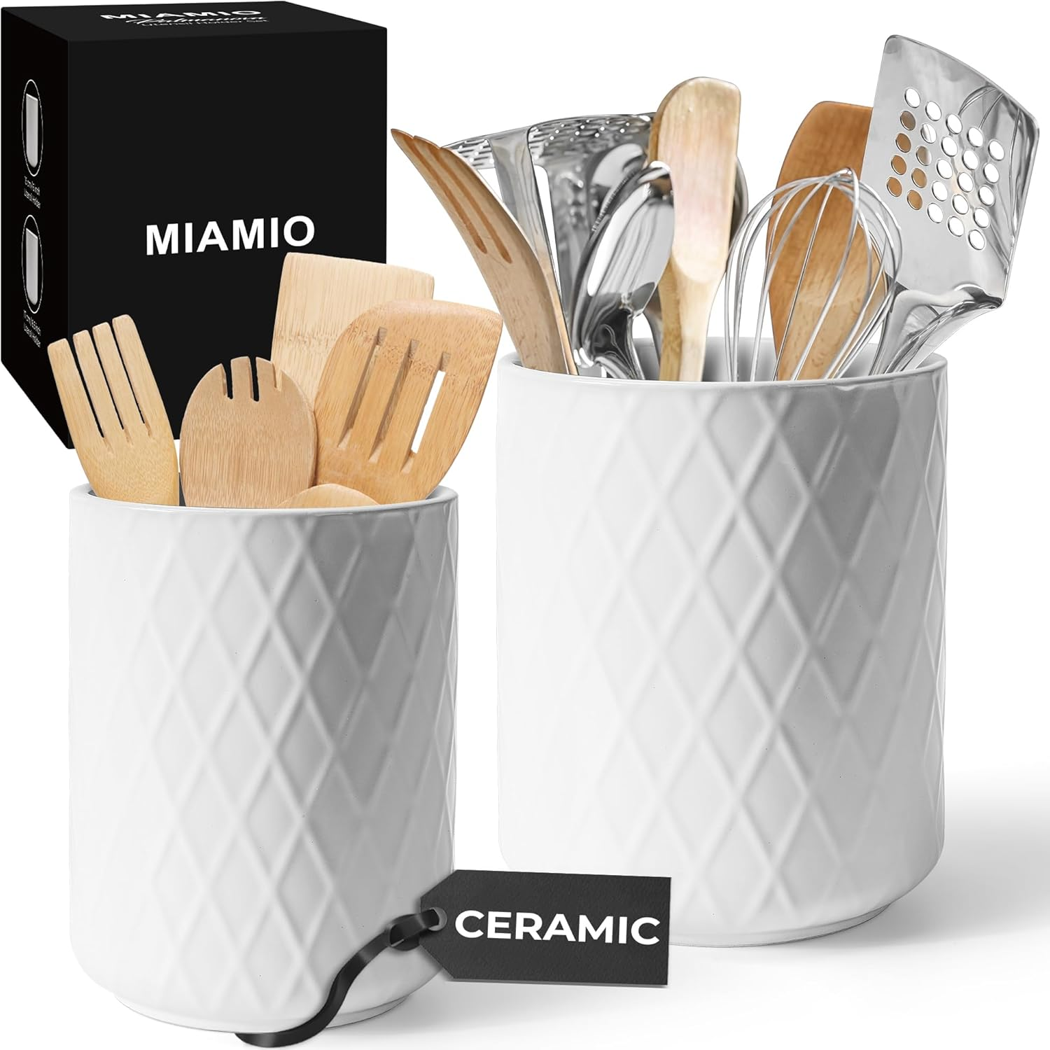 MIAMIO &ndash; Kitchen Utensil Holder Ceramic/Kitchen Organizer Set, Farmhouse Decor for Organizing Countertop and Storing Cutlery, Cooking Spoons, and Accessories - Palmanova Collection (Black)