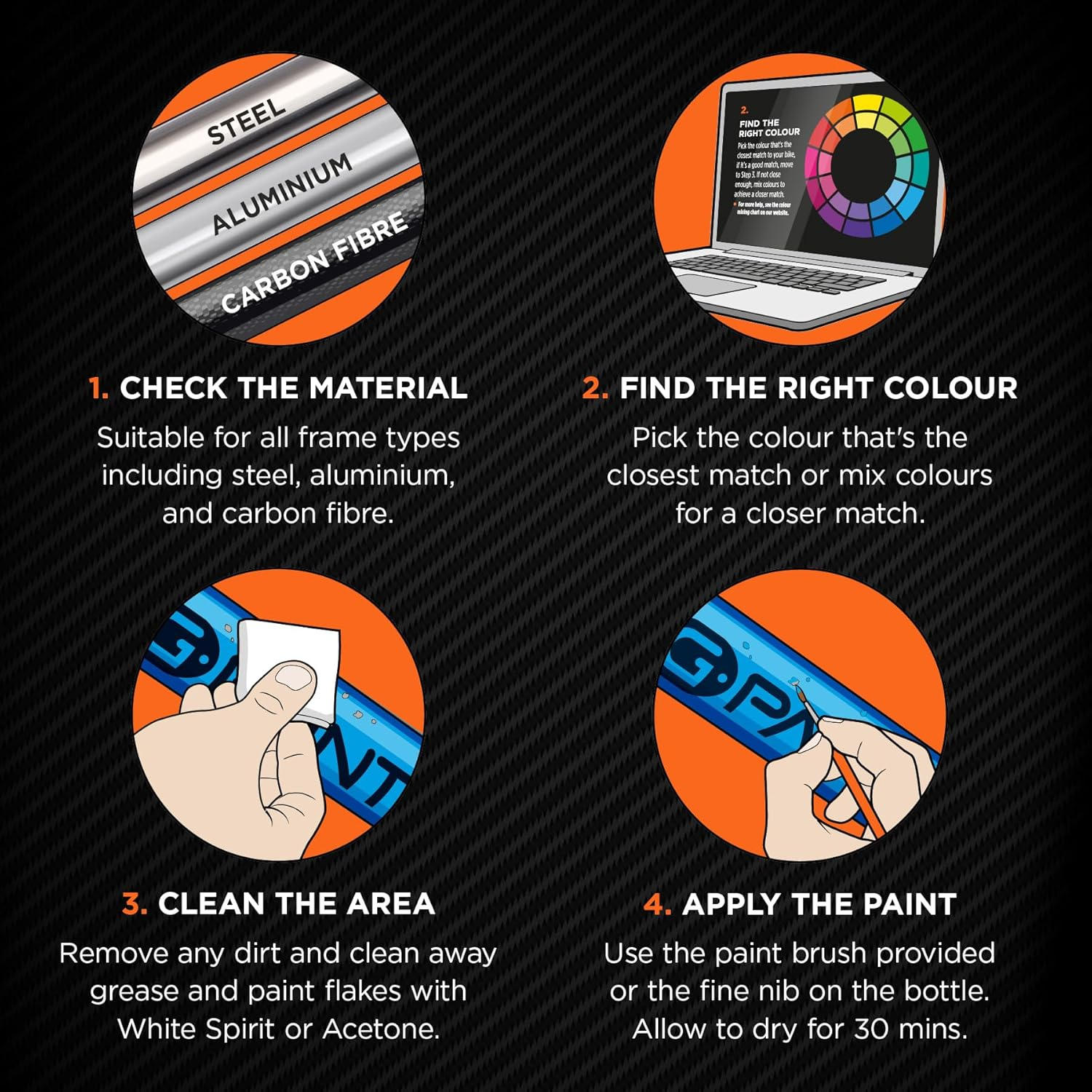 Bike Paint - Touch-Up Paint Kit for Scratched or Chipped Frames - 4 Pack of 10Ml Bottles. Mix to Color Match. Includes Applicator Brush Small Yellow, Lime, Orange, Magenta