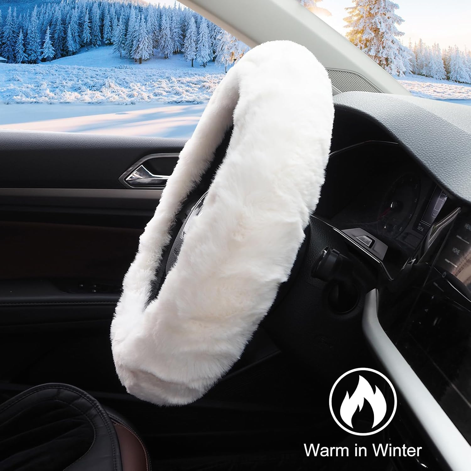Fuzzy Car Steering Wheel Cover for Women, Anti-Slip Warm Fluffy Fur Auto Steering Wheel Protector, Soft Plush, Luxurious, with Seat Belt Cover Car Accessories for Ladies Girls (White) image number 1