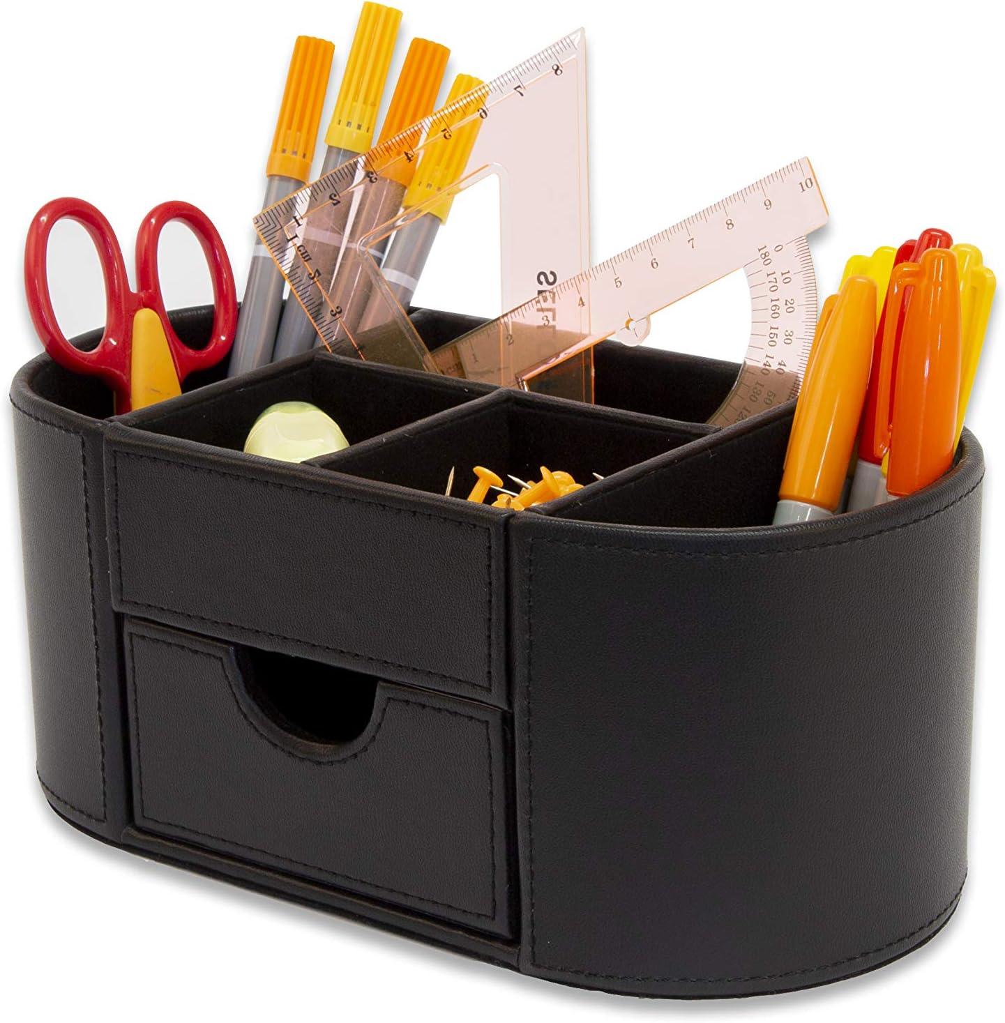 OSCO Black Faux Leather Desk Organiser with Drawer | Desk Tidy | Pen Holder | Makeup Container | Pencil Storage | 6 Compartments | Stationery Caddy | H10 X W23 X D12 Cm | image number 3