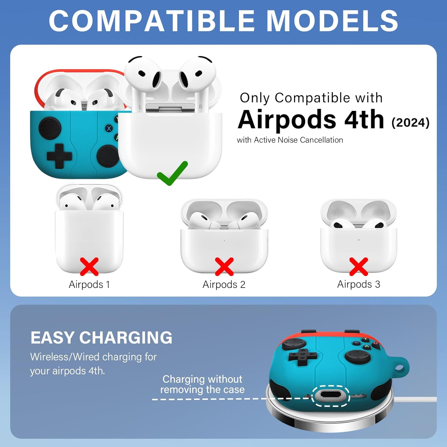 Rorupopo Game Case for Airpods 4 Cover Shock-Proof Protective Silicone Case with Cleaning Pen and Keychain Accessories for Apple Airpods 4Th Generation (Red+White) image number 5