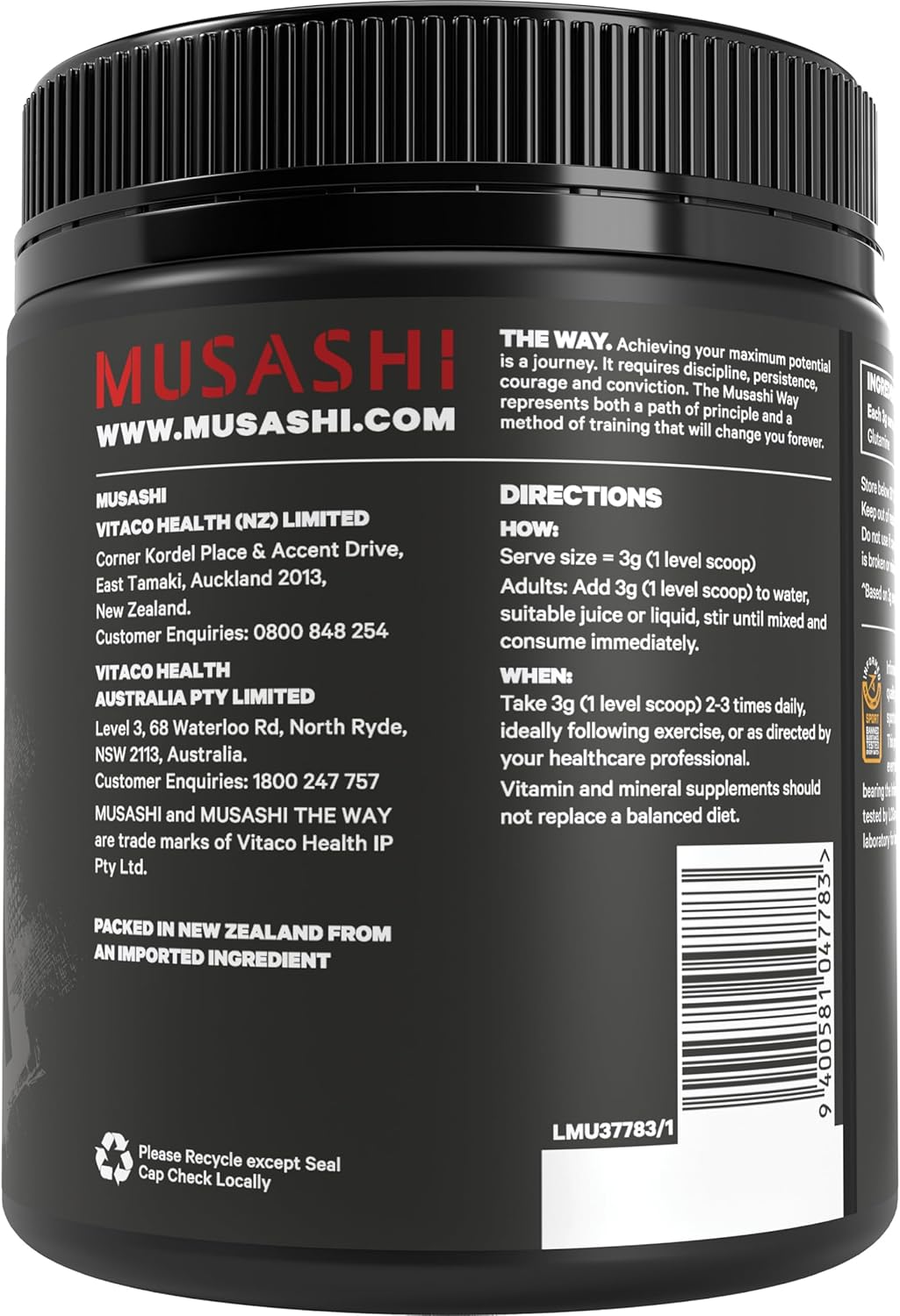 Musashi Unflavoured Glutamine Powder 350 G image number 3