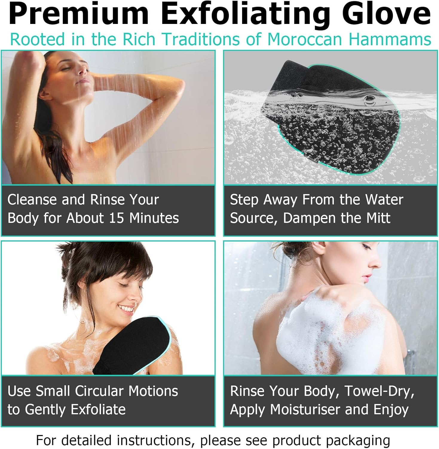 Exfoliating Glove, Deep Pore Cleansing Korean Bath Shower Scrub Mitt, Remove Dead Skins, Impurities for Deep Cleansing, Bath Scrubber for Keratosis Pilaris & Self Tan Prepfor Women/Men (Black Pair) image number 4