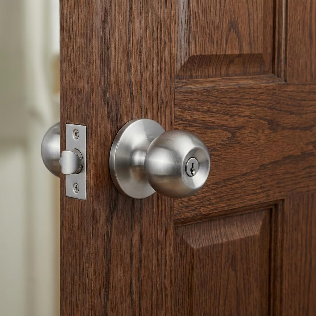 Keyed Entry Door Knob with Lock, Interior and Exterior Door Lock, Standard Ball, Satin Nickel(Hy904) image number 3