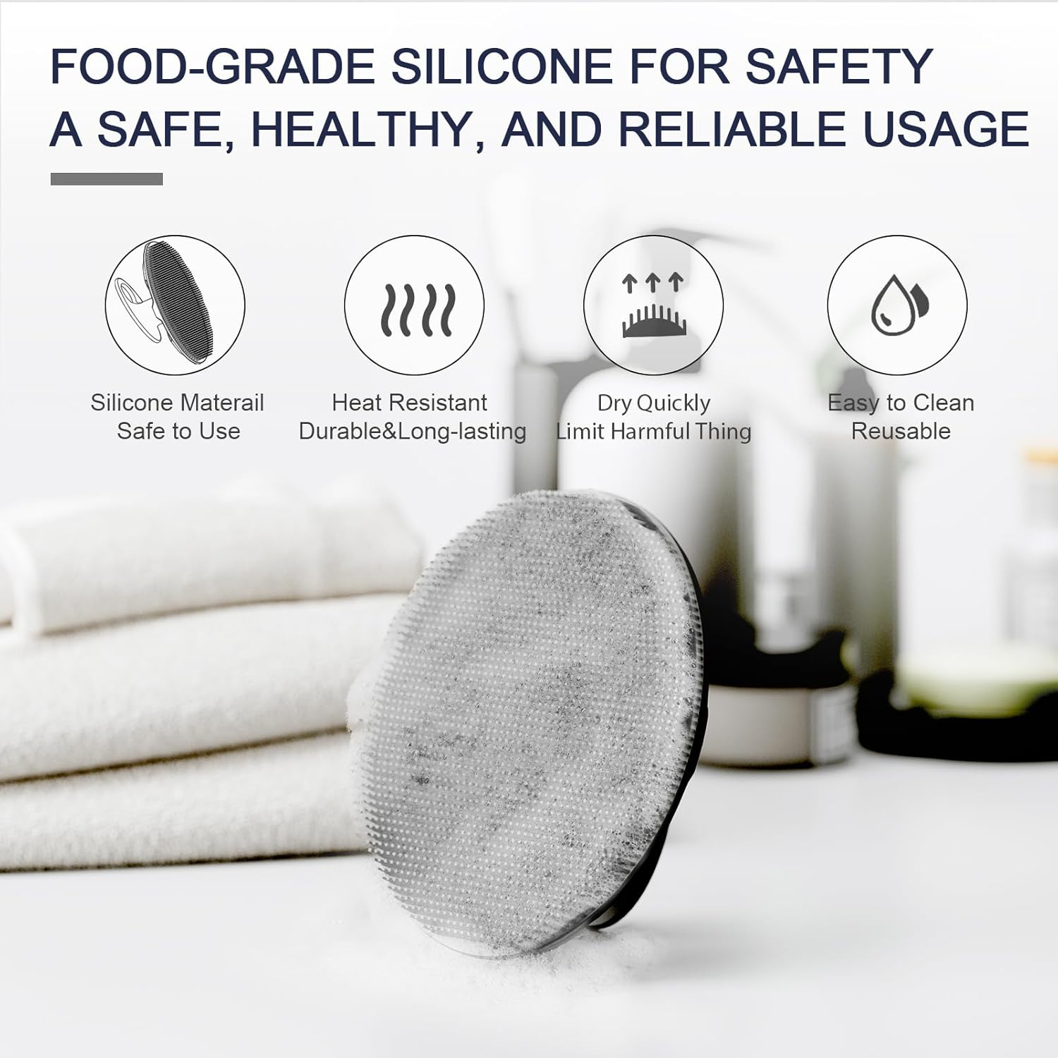 Silicone Body Scrubber 2 Pack, Shower Bath Wash Brush Gentle Exfoliating Scrub Cleansing Loofah for Women Men Baby Sensitive Skin, Easy to Clean, Lather Nicely, More Hygienic, Black+Cyan - Black image number 4