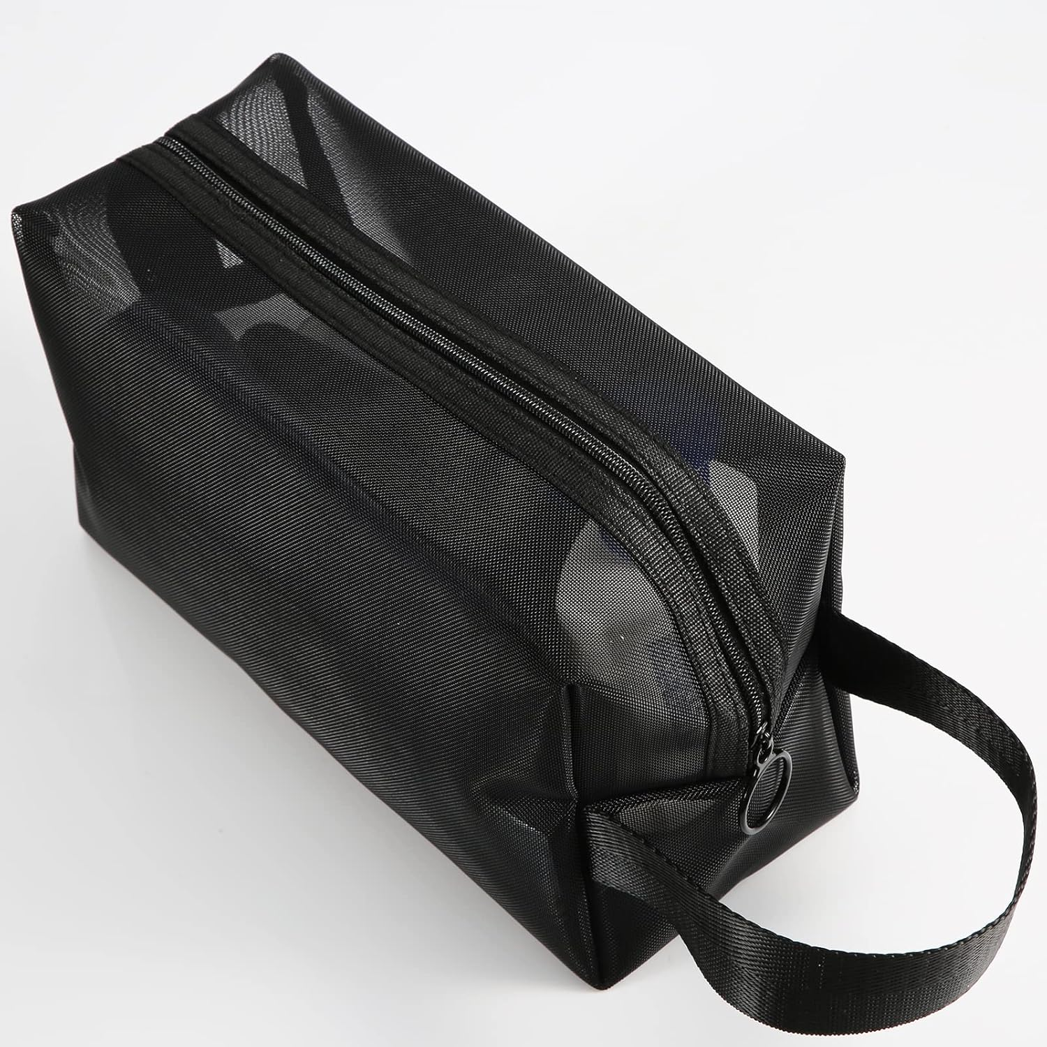 Black Mesh Shower Bag, Mesh Shower Caddy Portable Toiletry Bag Zippered Mesh Shower Bag Small with Handldes Hanging Carring Convenient for Travel, Bathroom, Cosmetics Organizer, Black, 21 X 12 X 8 Cm image number 6