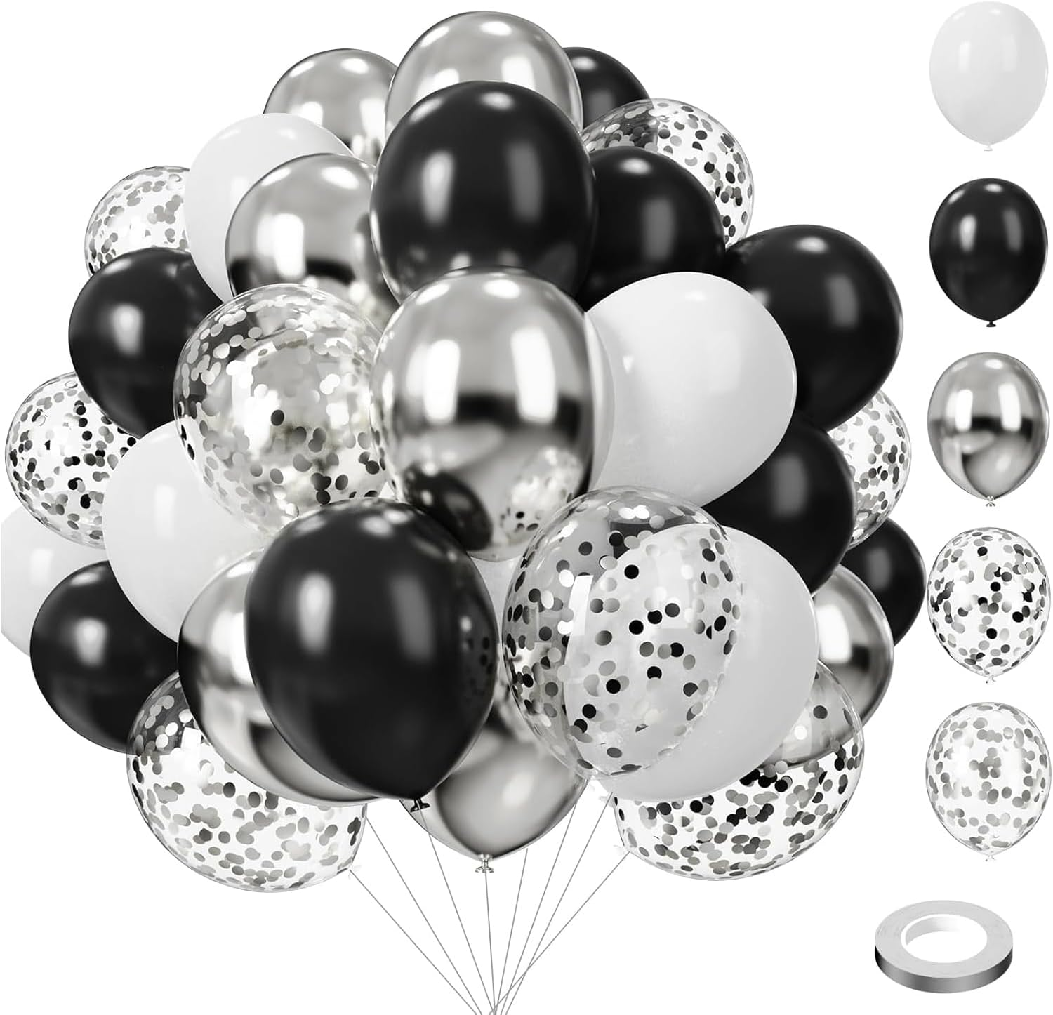 Party Balloons Decorations for Birthday, Christmas, New Years, Wedding, Graduation Decorations Black and Gold Balloons 12In and 5In Latex Party Xmas Decora Bulk (Black White and Silver(75Pcs))