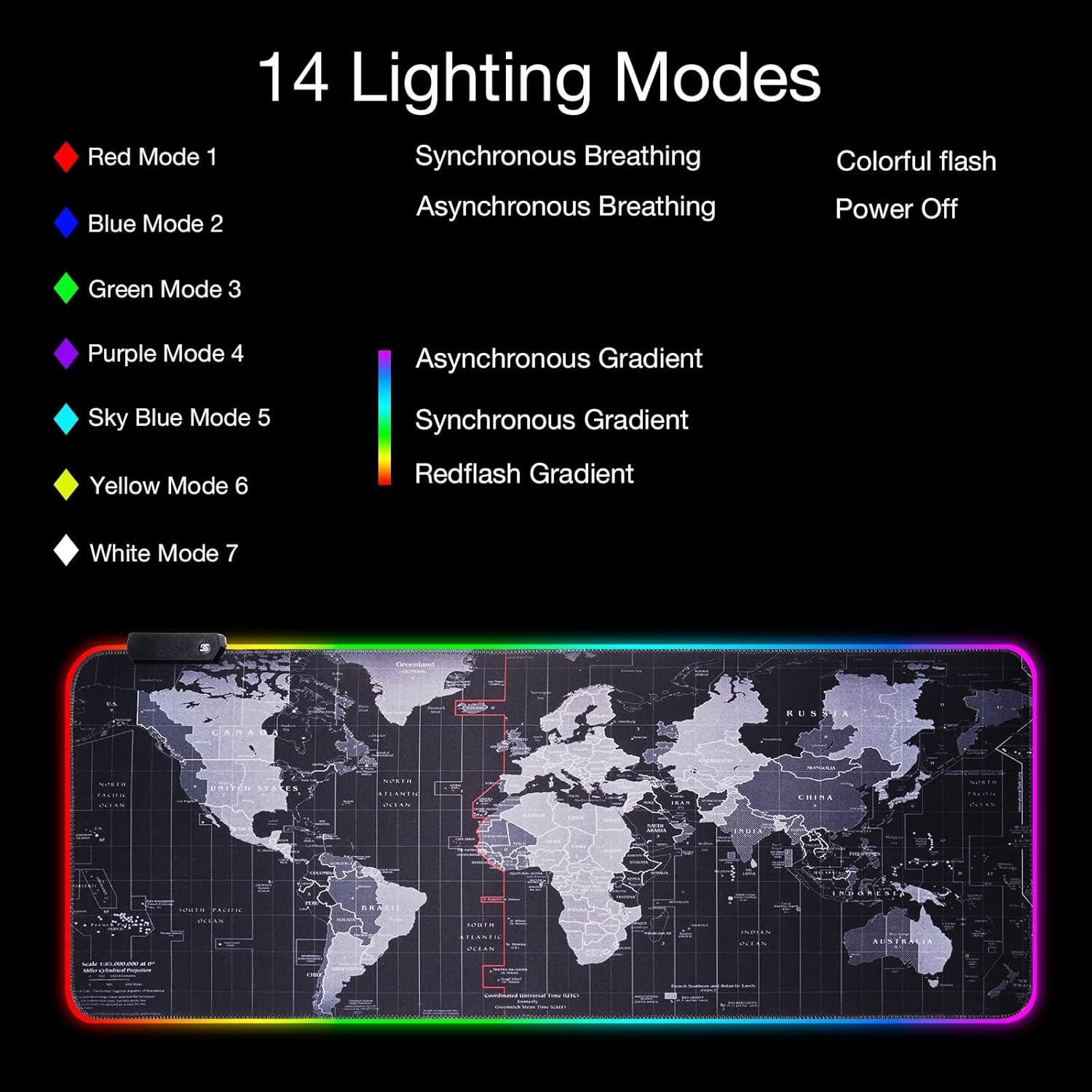 RGB Mouse Pad, Large XXL 80 X 30Cm, World Map, Polyurethane & Rubber, Gaming & Office, LED Lights, Non-Slip Base, Edge Stitching, Plug & Play Memory Function image number 5