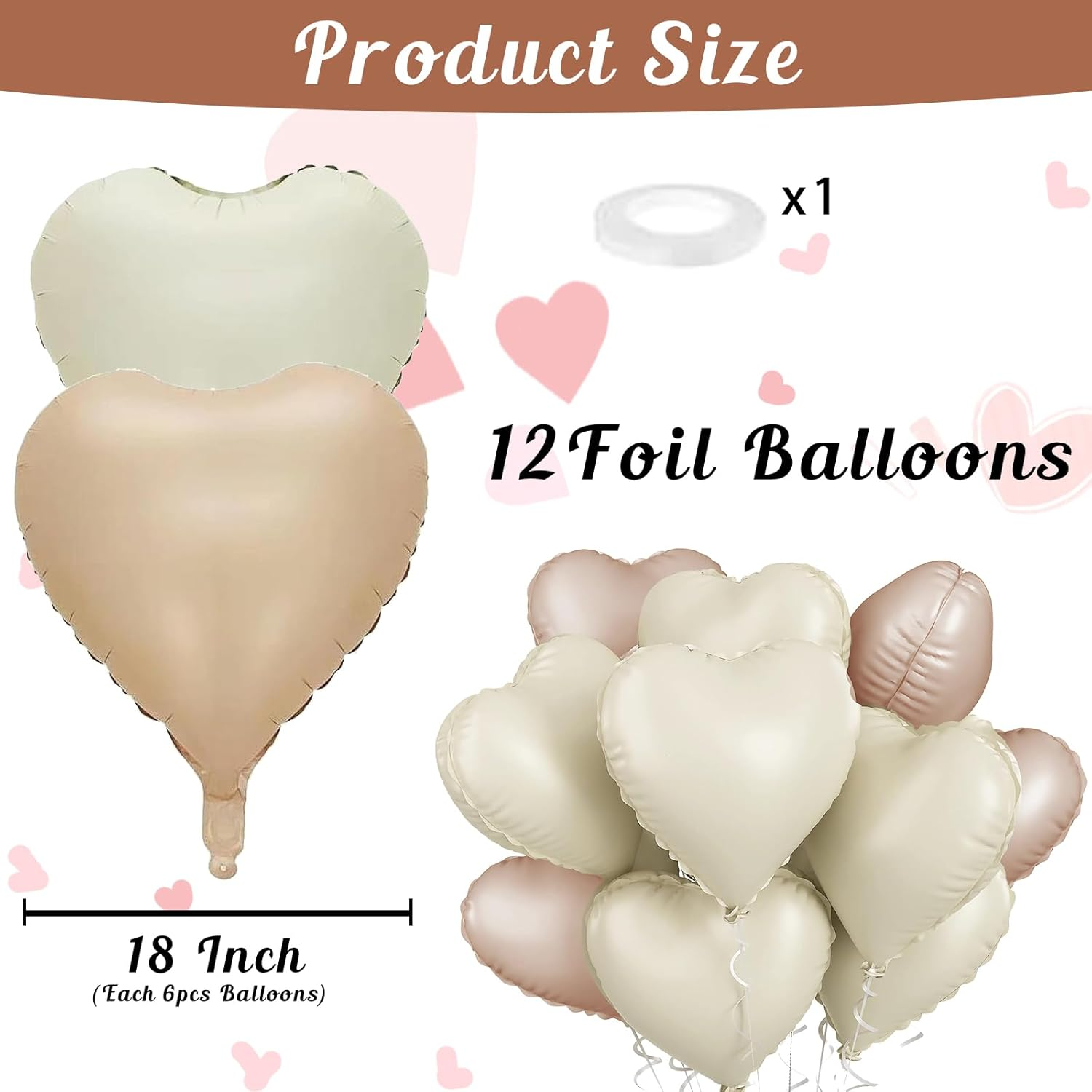 Beige and Cream Heart Balloons, 18Inch 12PCS Cream Beige Heart Shape Balloons, Nude Neutral Foil Love Balloons for Valentine'S Day Decorations for Engagement Baby Shower Wedding - Beige Cream image number 3