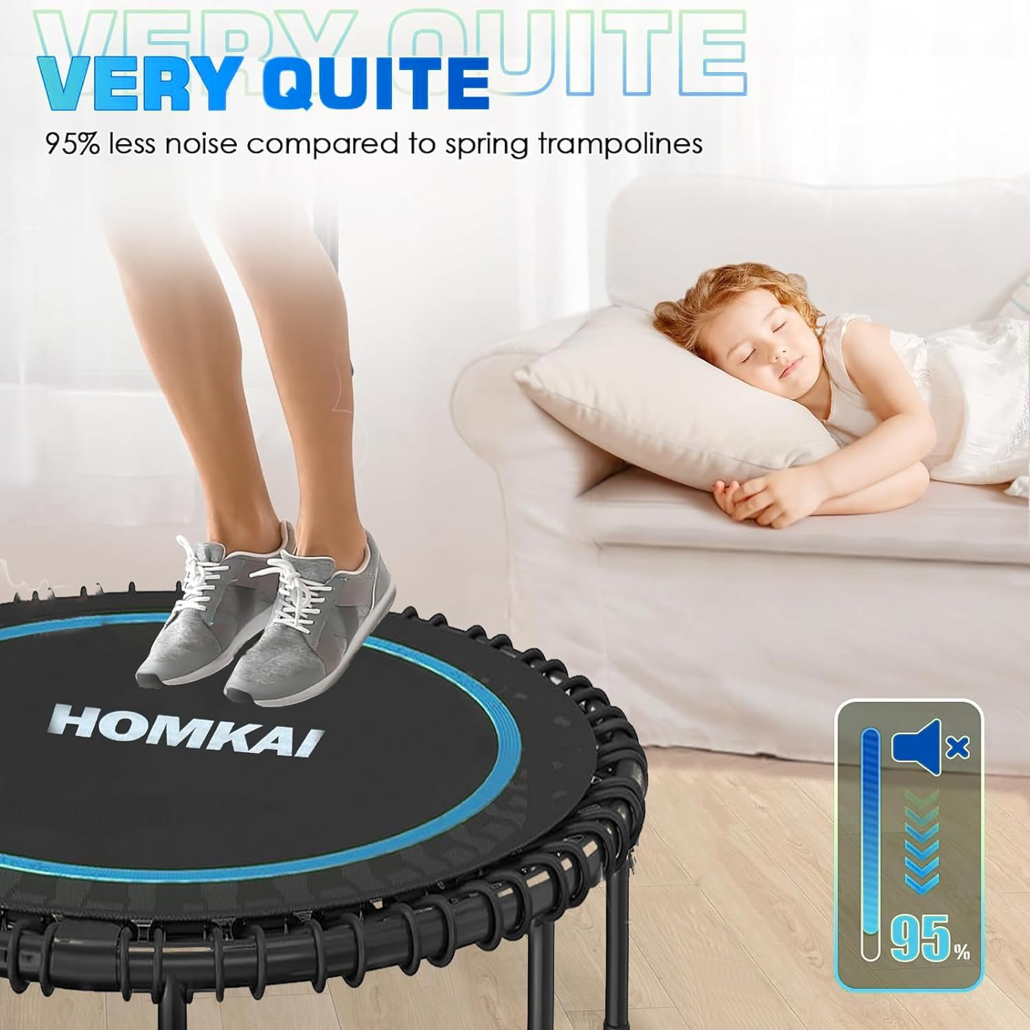 HOMKAI 48" Foldable Mini Trampoline Rebounder,Fitness Trampolines,T Shape Adjustable Foam Handle, Stable & Quiet Exercise Rebounder for Kids Adults Indoor Outdoor Workout, Blue image number 3
