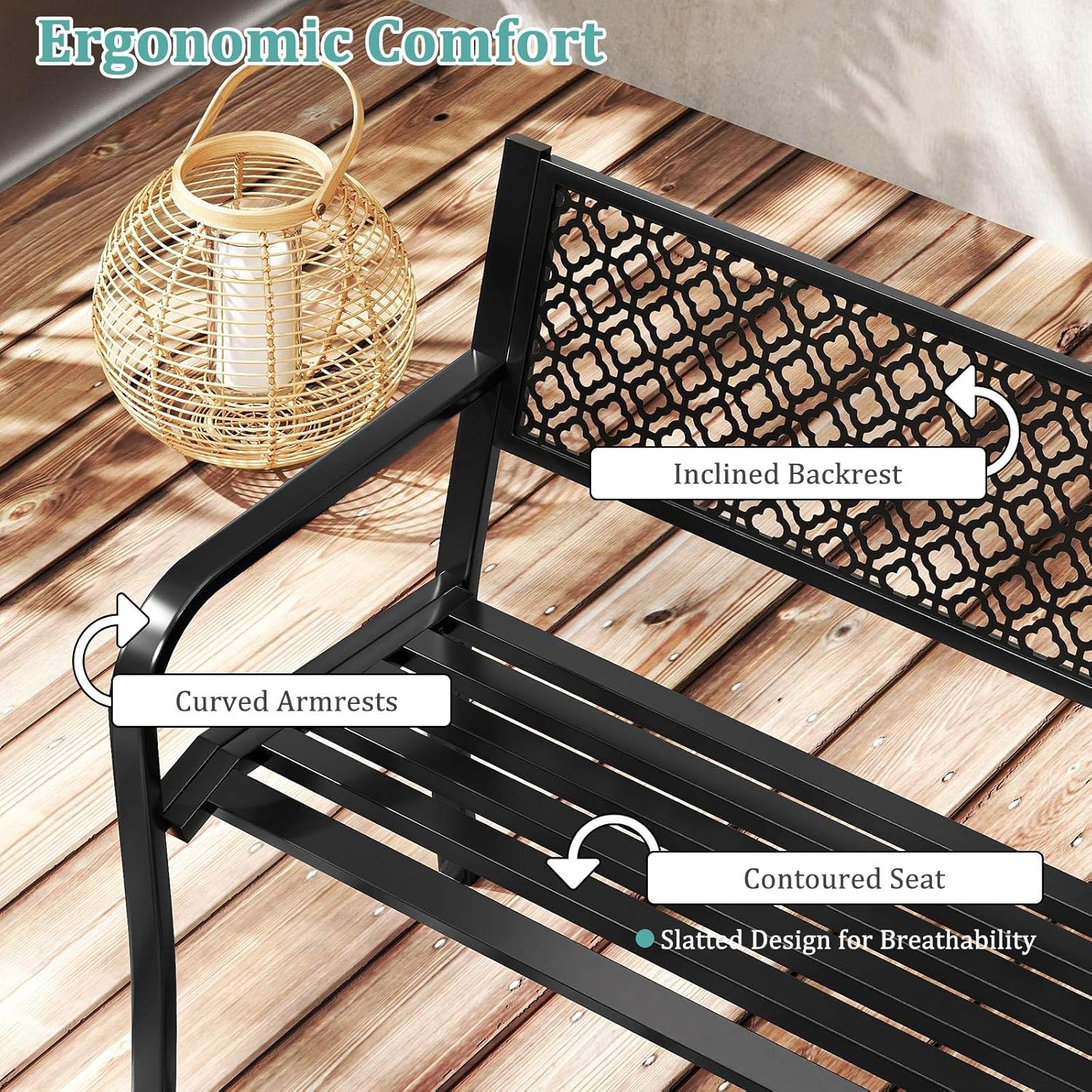 Costway 127 Cm Outdoor Garden Bench, Metal Patio Bench with Geometric Lattice Backrest, Armrests and Slatted Seat, Outdoor Loveseat Chair for Porch, Lawn and Yard (Black) image number 2