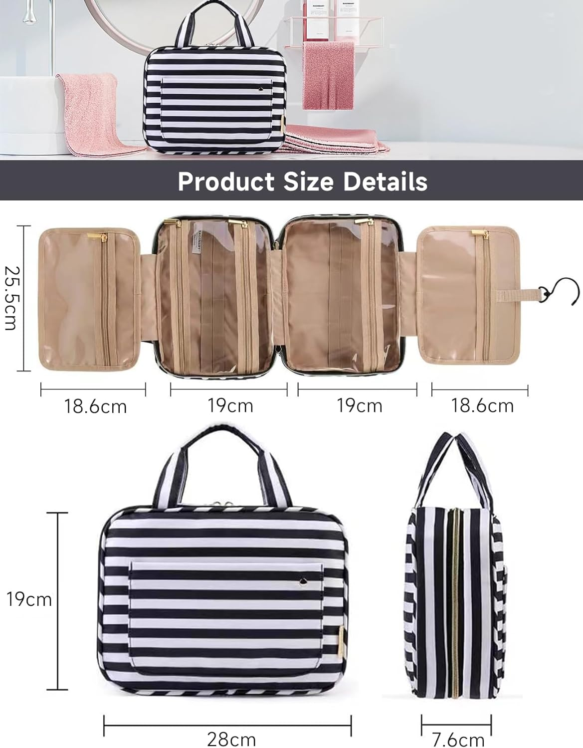 2 PCS Hanging Travel Toiletry Bag with Hook, Large Capacity Makeup Bag for Women & Men, Foldable Waterproof Cosmetic Organizer with 4 Transparent Compartments for Bathroom, Travel Essentials (Pink)