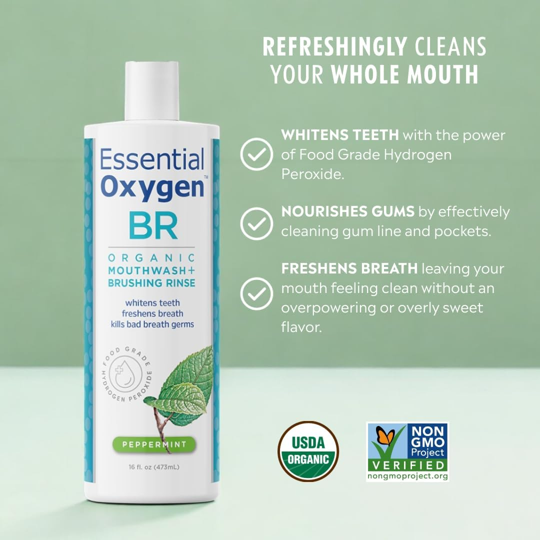Essential Oxygen Certified BR Organic Brushing Rinse, All Natural Mouthwash for Whiter Teeth, Fresher Breath, and Happier Gums, Alcohol-Free Oral Care, Peppermint, 16 Ounce image number 3