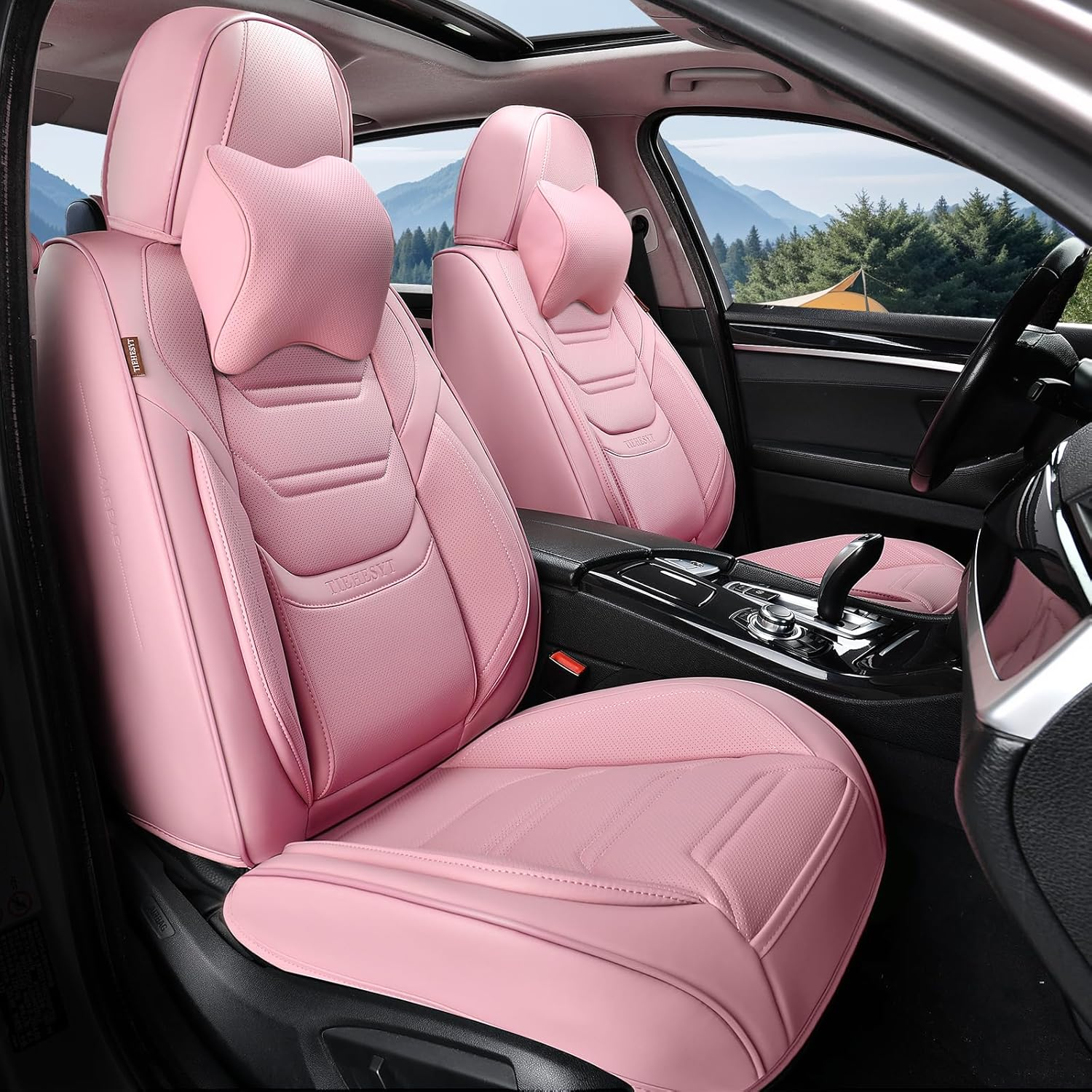 TIEHESYT Pink Car Seat Covers Front Pair, Breathable Leather Automotive Front Seat Covers & Headrest, Auto Seat Cover, Compatible with Most Cars Sedans SUV Pickup Trucks