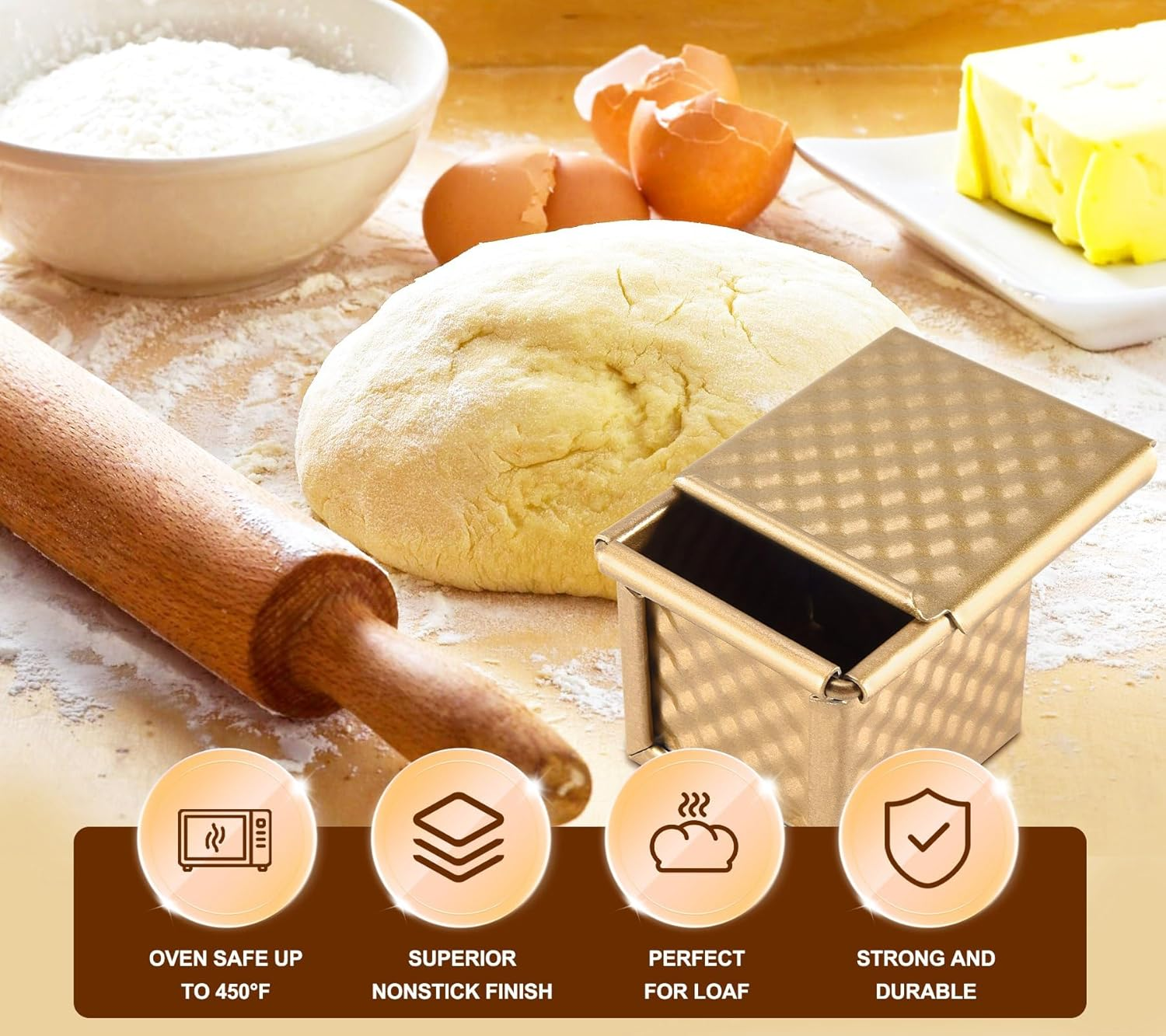 Mini Loaf Pan with Lid, Dough Aluminum Square Non-Stick Toast Box Bread Pan, Pullman Loaf Pan with Lid - 0.55Lb Dough Capacity image number 2