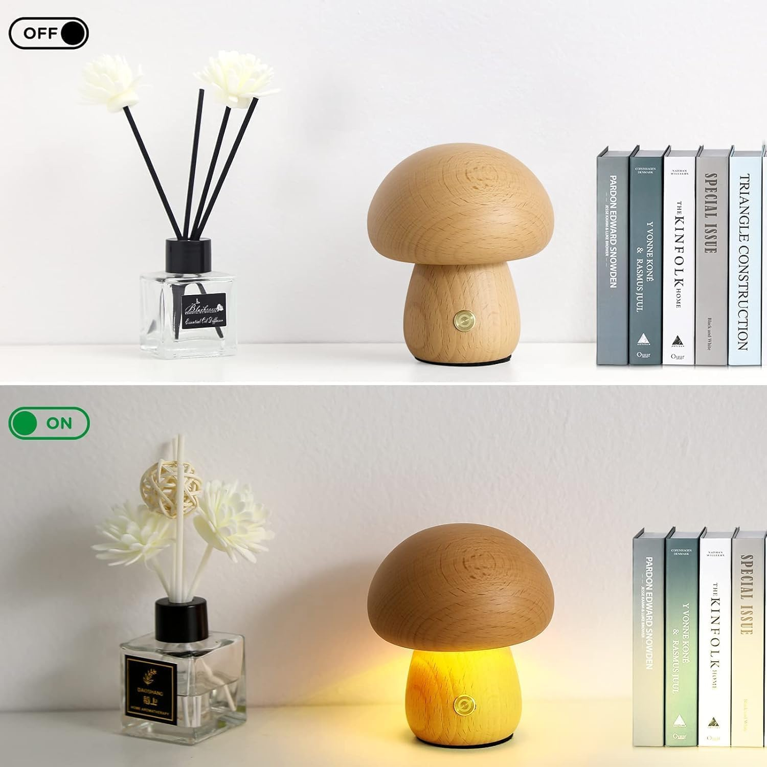 Wooden Mushroom Lamp &ndash; Portable Cordless Rechargeable Beech Wood Table Lamp with Stepless Touch Dimming & Memory, Compact Night Light Birthday Gift image number 6