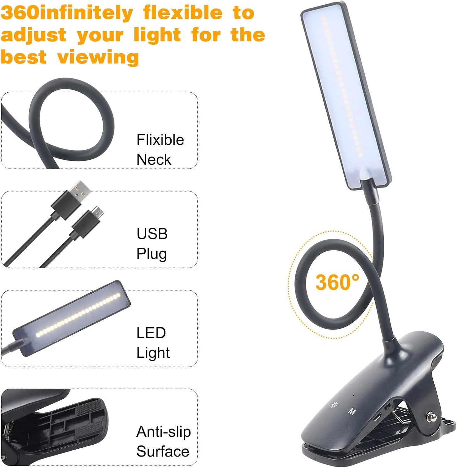 Clip-On 3 Mode 24 LED Book Light for Reading, Eye Care Night Light with Flexible Neck, Touch Control, USB Rechargeable Desk Lamp for Music Stand, Travel (Black) - White image number 4