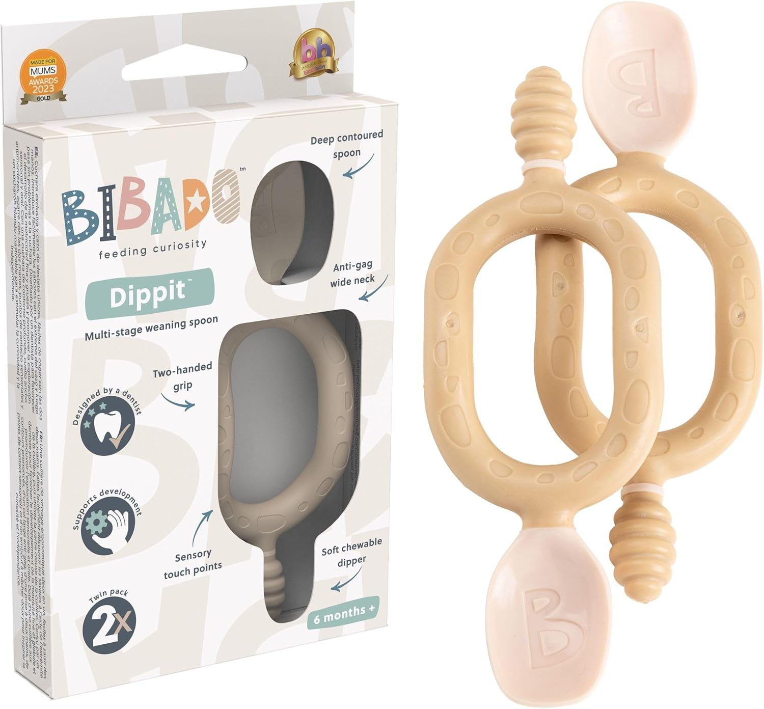 Bibado Weaning Spoons 2 Pack Baby Self Feeding Cutlery Dual Ended Spoon for Teething Oral Development Ergonomic 2 Handled for Independent Feeding Baby Toddler Dippit Fawn