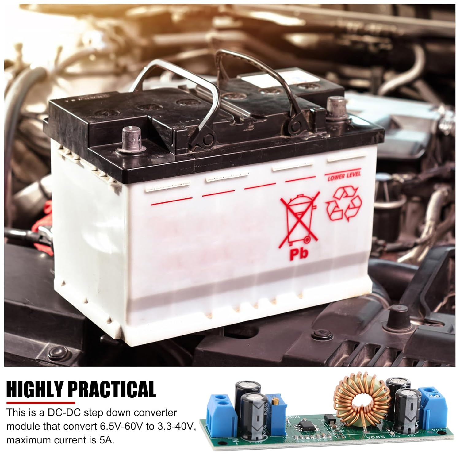 EVTSCAN 6.5V-60V to 3.3V-40V DC-DC Buck Converter Board, Step-Down Adjustable Output Voltage Converter, with 5A Max Output, Screw Terminals Connection image number 4