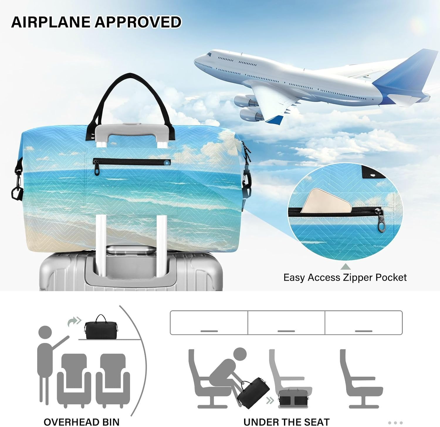 Summer Beach Blue Waves Travel Bag Carry on Shoulder Weekend Tote Sports Duffel Bags with Adjustable Strap for Sports Large Capacity, Summer Beach Blue Waves, 1 Size image number 1