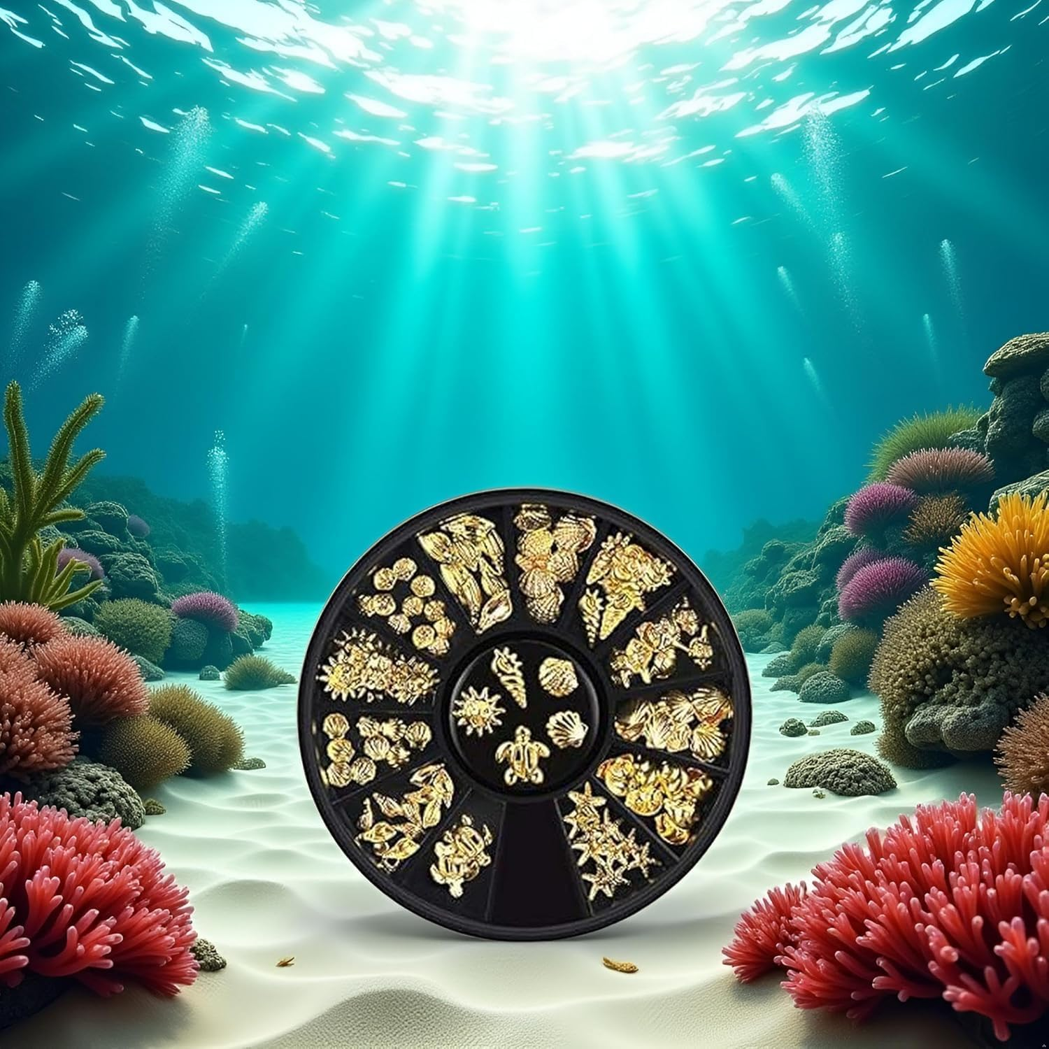 12 Styles Nail Art Metal Studs Gold Metallic 3D Pieces Rivet Palm Tree Turtles Marine Life Charms for Summer Beach Ocean Manicure DIY Acrylic Nails Design Supply Nail Art and Polish(Gold Ocean Studs) image number 5