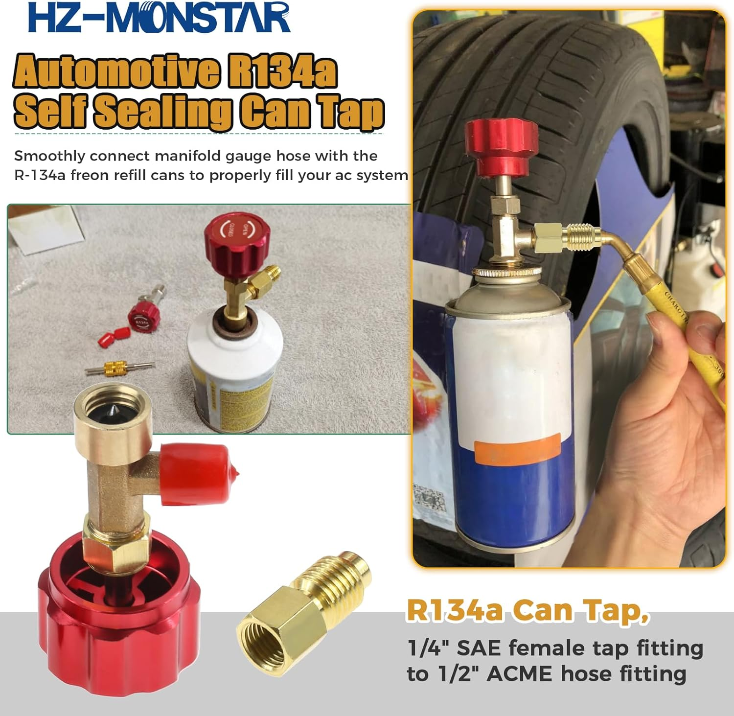 R134A Can Tap, Self Sealing R134A Refrigerant Dispenser with 1/2" Acme 1/4" SAE Adapter, R134A Self Sealing Can Tap and Puncture AC Freon Can 134A Adapter Fittings for AC System Red image number 1