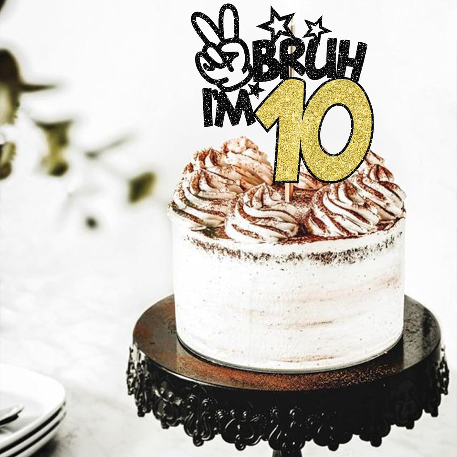 1 Pack Black Glitter Bruh I'M 10 Cake Topper Glitter Happy 10Th Birthday Cake Pick Funny 10Th Birthday Cake Decorations Party Supplies (Black Gold, 10Th 01) image number 1