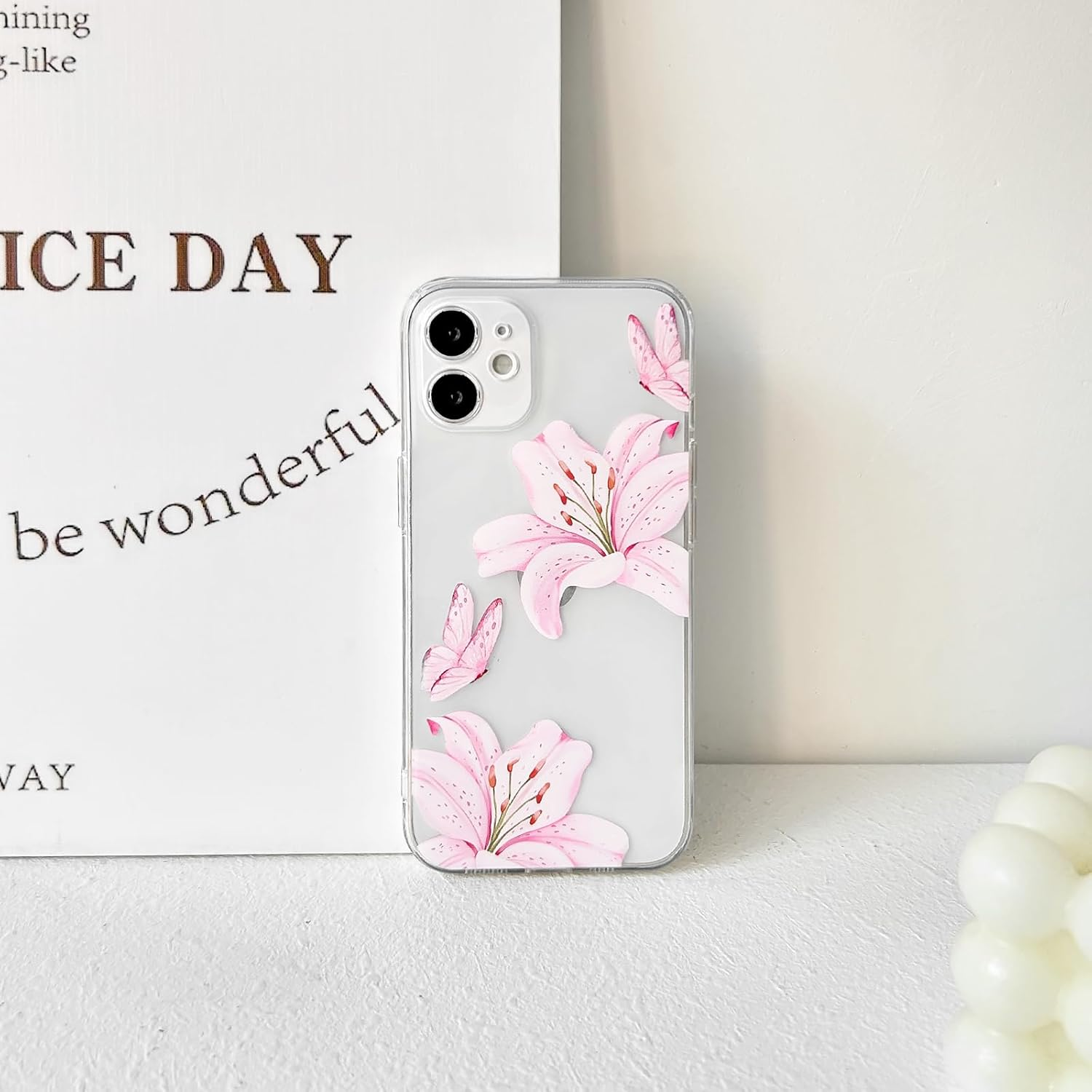 NITITOP Compatible with Iphone 11 Case Clear Cute Butterfly Lily Flower Floral Pattern for Women Girls Full Camera Lens Clear Slim Shockproof Protective Phone Cover - Pink image number 2