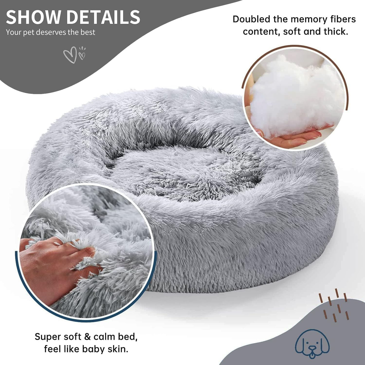 Calming Dog Bed, Cat Bed Pet Bed Pet Mat round Fluffy Soft Non-Slip Pet Bed for Indoor Machine Washable Donut Self Warming Calming Pet Nest for Small Dogs Kittens,Dog Nest (D60Cm, Light Grey) image number 3