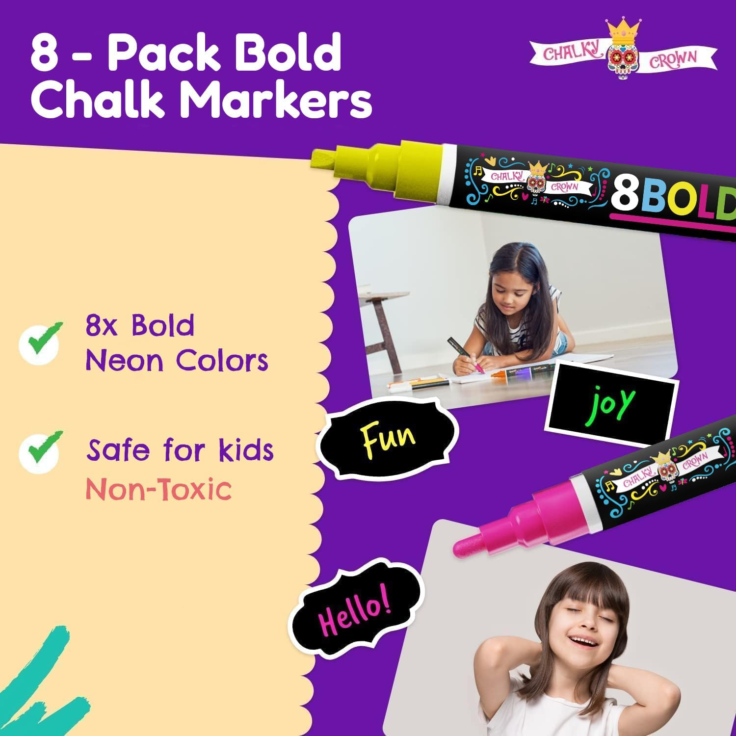 Liquid Chalk Markers for Blackboards - Bold Color Dry Erase Marker Pens - Chalk Markers for Chalkboards Signs, Windows, Blackboard, Glass - 6Mm Reversible Tip (8 Pack) - 24 Chalkboard Labels Included