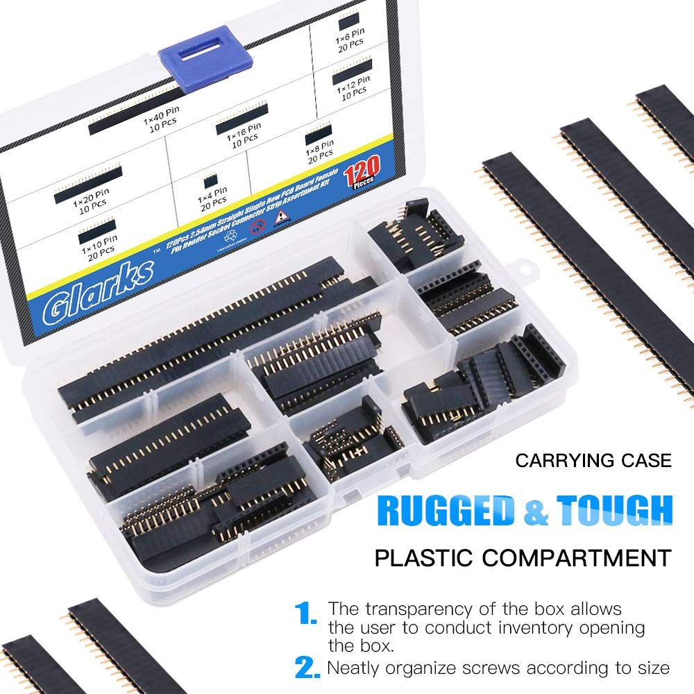 Glarks 120Pcs 2.54Mm Straight Single Row PCB Board Female Pin Header Socket Connector Strip Assortment Kit for Arduino Prototype Shield(Single Row) image number 4