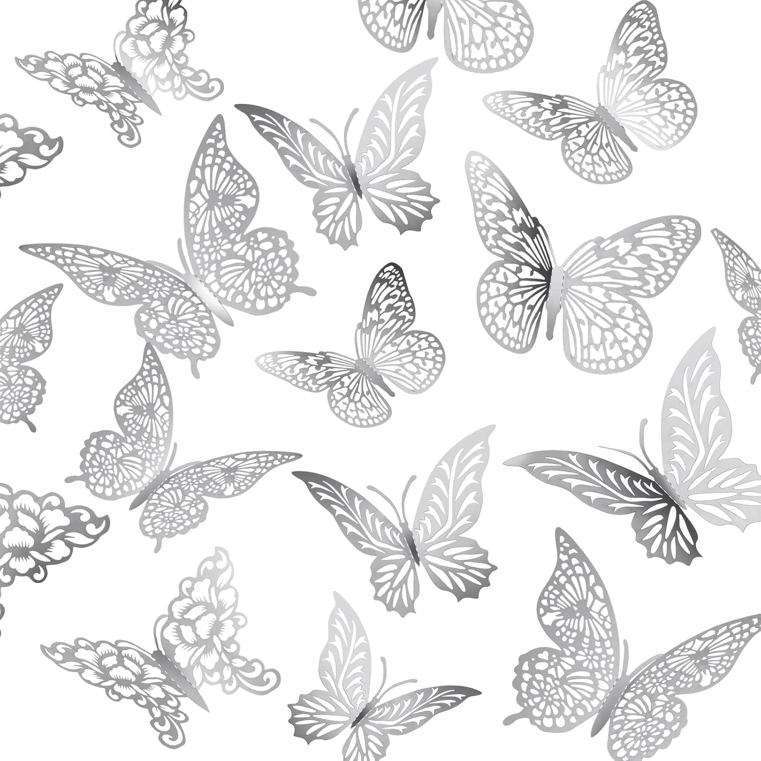 MKUCCD 3D Pink Butterfly Decorations Butterflies Stickers, 48Pcs 4 Styles 3 Sizes Butterfly Wall Decor Party Birthday Cake Decorations,Stickers Decals for Mirror Bedroom Wedding (Silver) image number 1