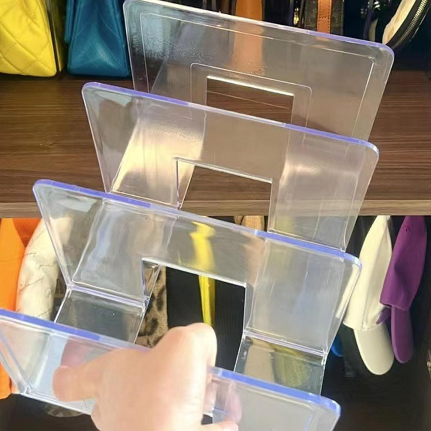 Omabeta 1PCS 4 Layer Bag Organizer Separators, Clear Stackable Handbag Organiser, Easy to Select for Closet Bookshelf Bedroom, Purse Shelf Dividers Storage Rack,32 * 14.5 * 13Cm image number 5