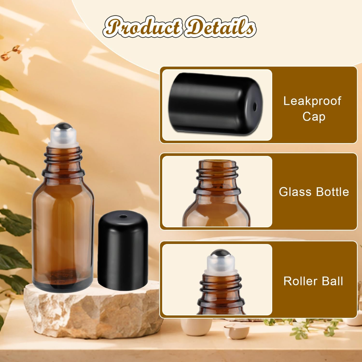 Mirrline 12 Pcs Essential Oil Roller Bottles Amber Glass Roller Bottles Refillable Cosmetic Vials Containers with Stainless Steel Roller Balls & Black Lid - 15Ml/0.5Oz image number 2