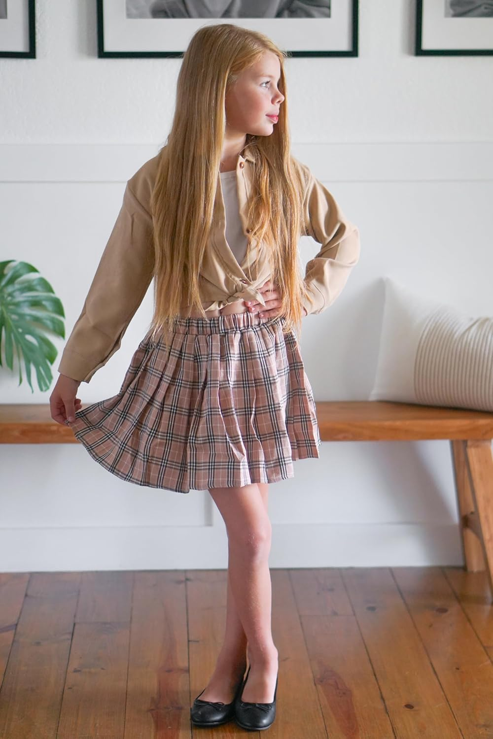 Girls 3 Piece Skirt Set Cami Crop Tops Pleated Skirt with Button Shirts Size 6-12 image number 6