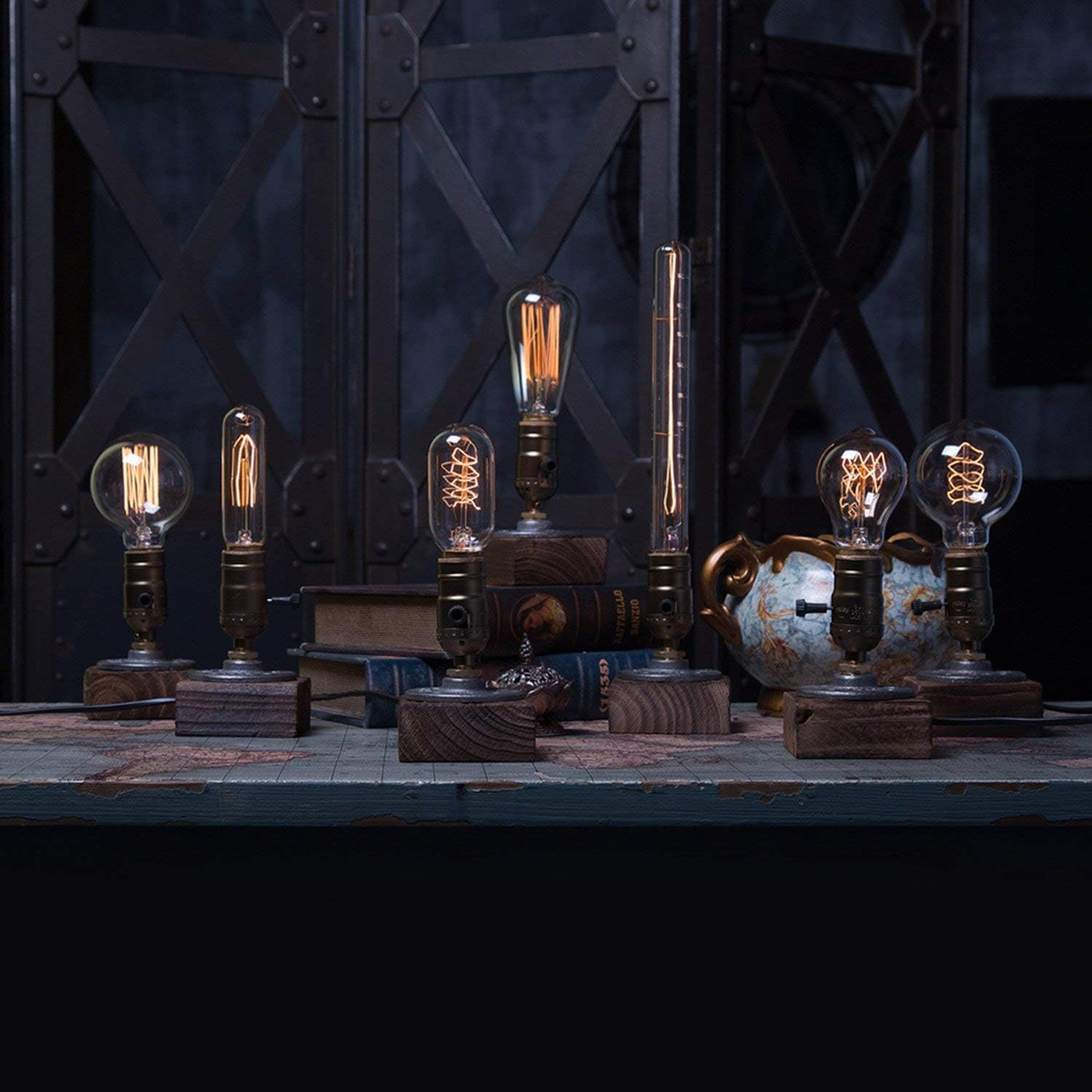 JINYU Weathered Wood Night Light Table Lamp Vintage Desk Lamp E26/E27 Edison Bulb Wooden Base Retro Industrial Steampunk Iron Pipe Flange Dimmable Nightlight for Bedroom Living Room Home Art Display image number 6