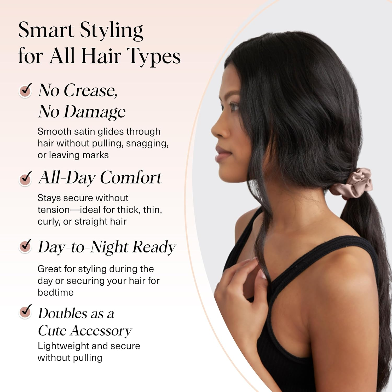 Kitsch Satin Scrunchies for Women - No Crease Hair Ties for Girls | Scrunchies for All Hair Types and Textures, Perfect for Day or Night | Ideal Gifts for Women - 5 Pcs, Cameo - Black image number 4