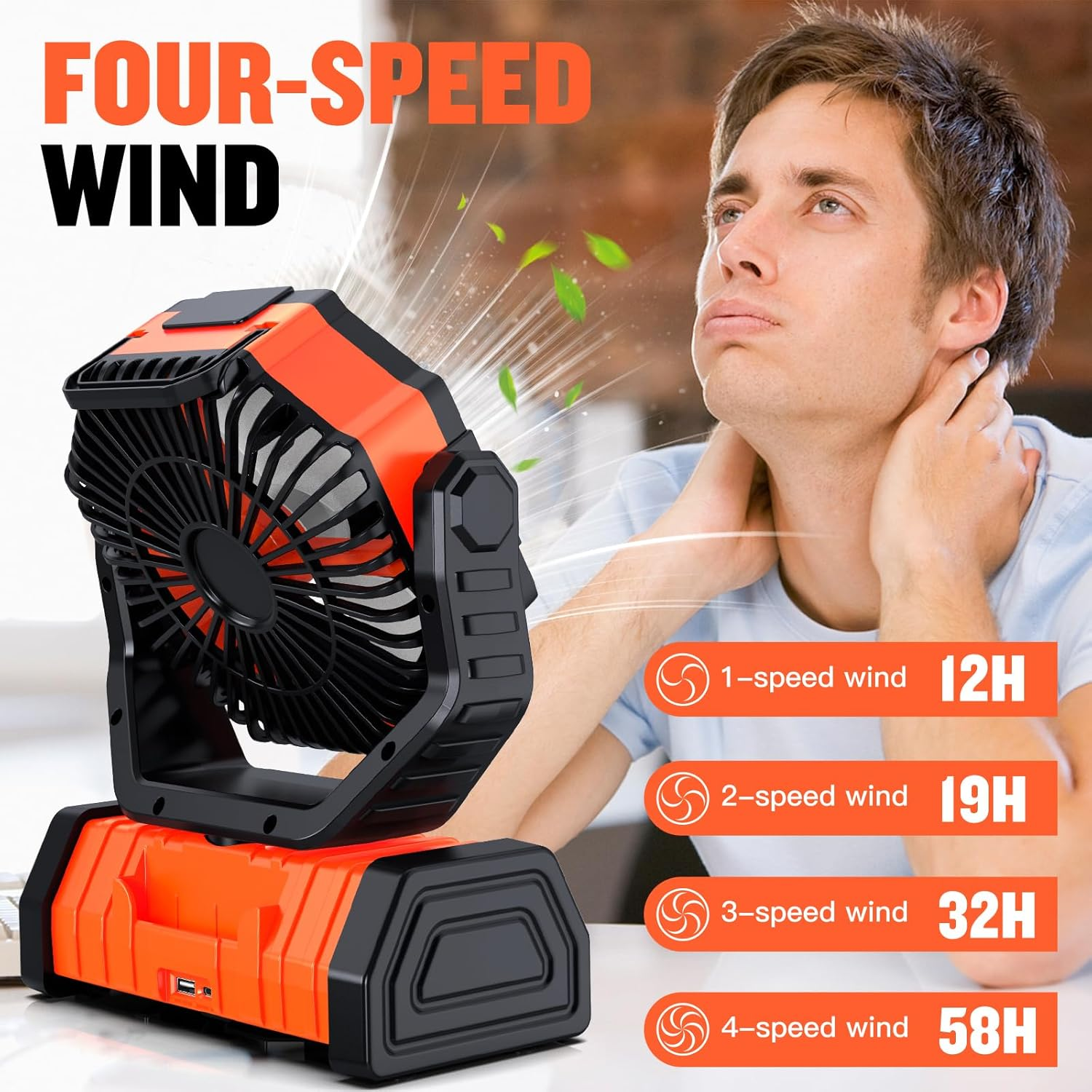 Portable Camping Fan, Spopal 20000Mah Rechargeable Tent Fan with LED Lantern, 4 Speeds and 360&deg; Hook, Remote, Timer, 145H Runtime, Power Bank Function, for Camping, Fishing, Indoor Use-Orange image number 6